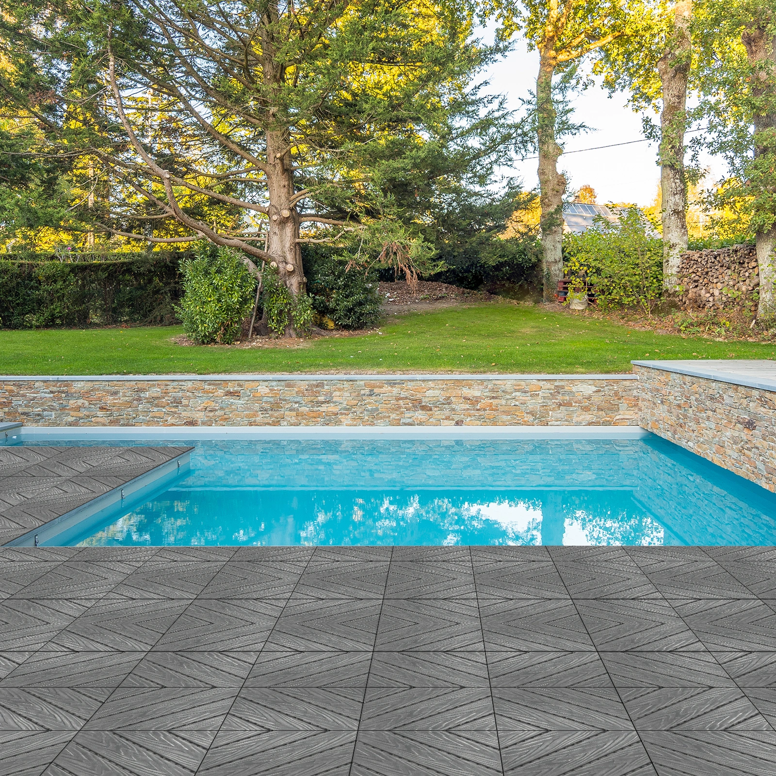 Plastic Interlocking Deck Tiles, 27 Pack, 11.8"x11.8" Waterproof Flooring Tiles for Indoor and Outdoor, Patio Floor Decking Tiles for Porch Poolside Balcony Backyard, Dark Grey view 9