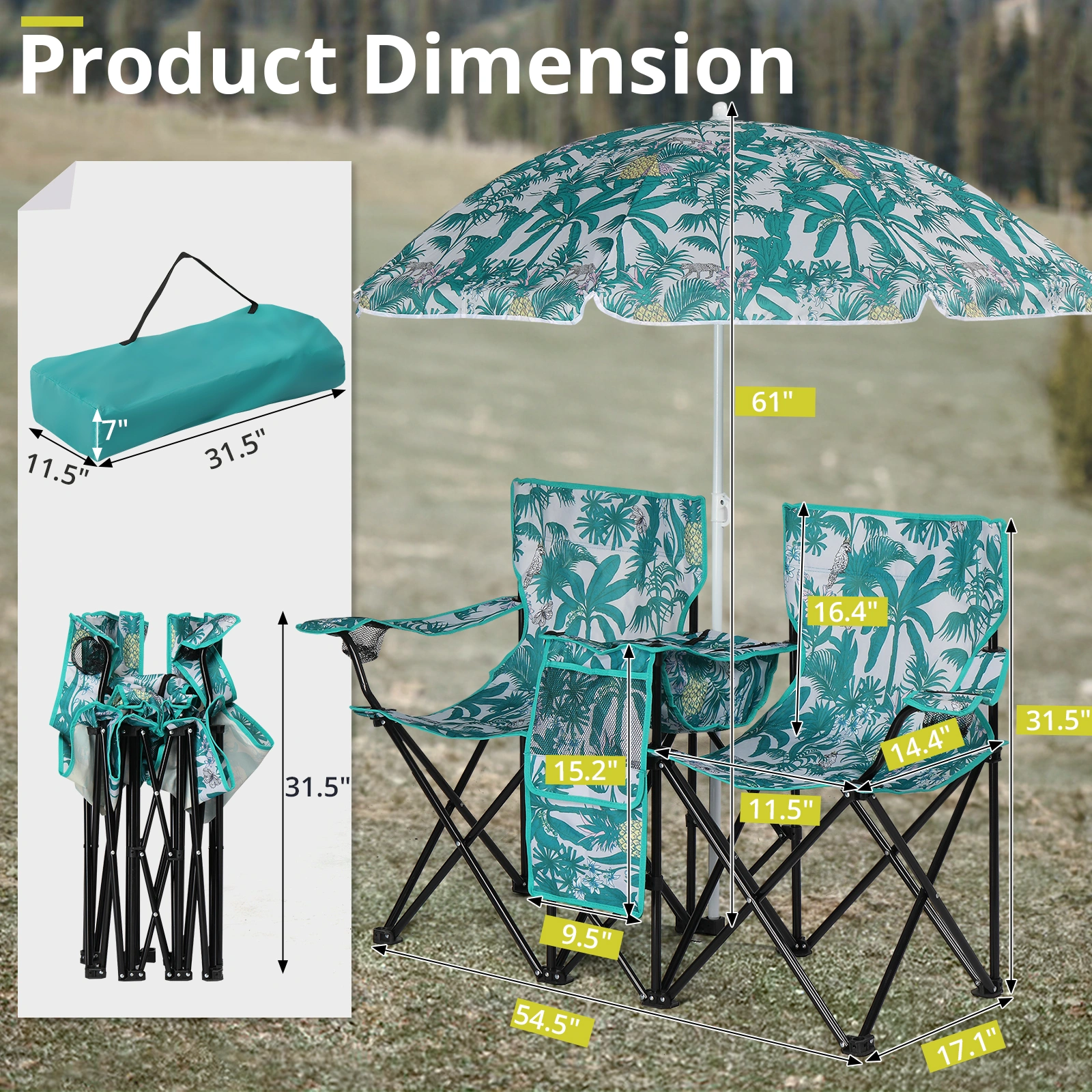 Portable Outdoor 2-Seat Folding Chair with Removable Sun Umbrella Pineapple view 2