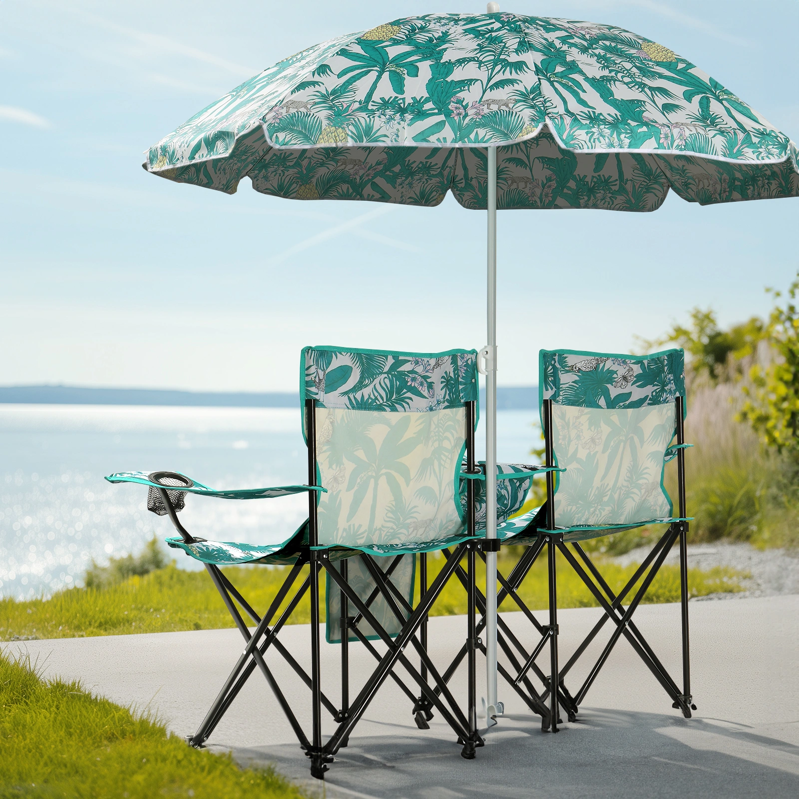 Portable Outdoor 2-Seat Folding Chair with Removable Sun Umbrella Pineapple view 3