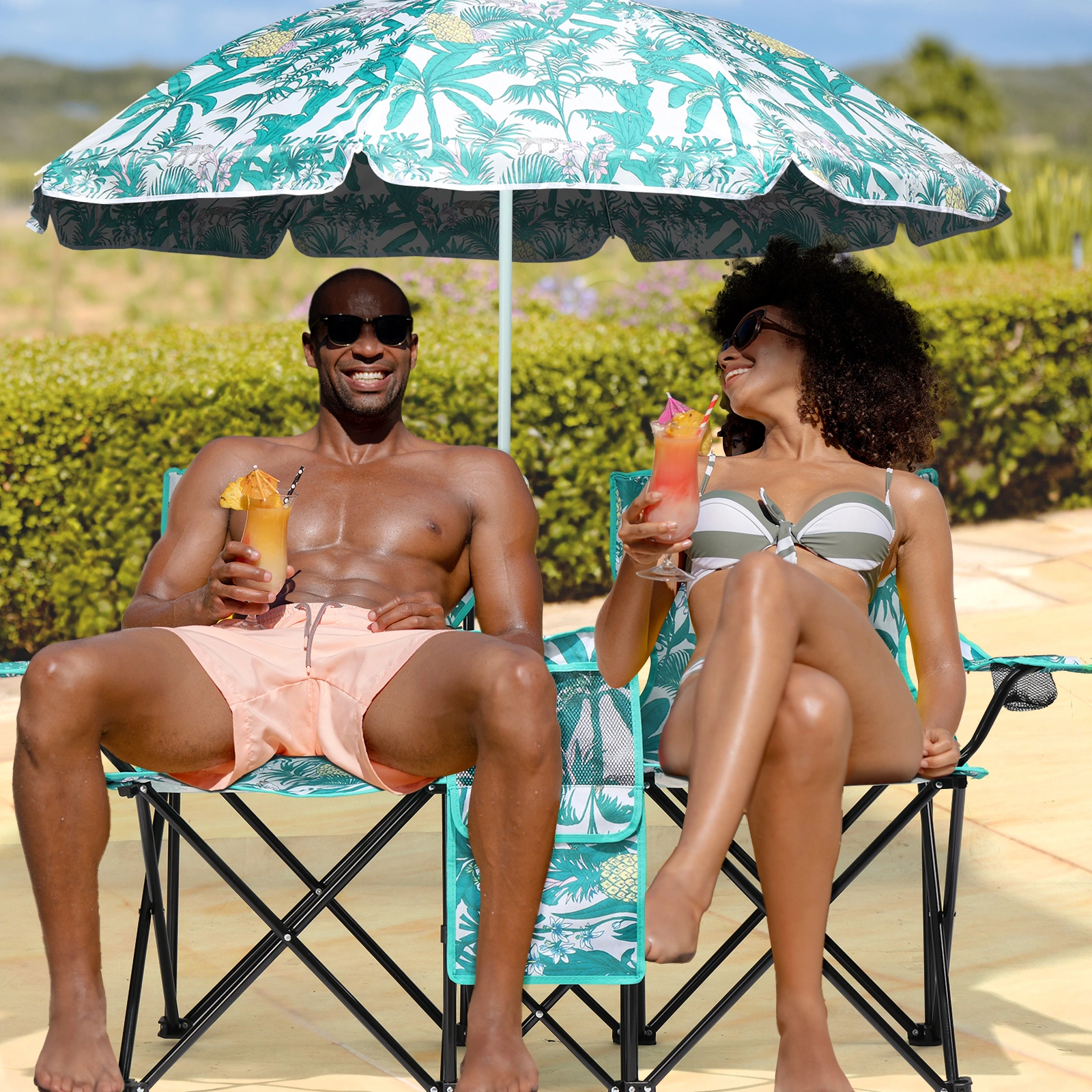 Portable Outdoor 2-Seat Folding Chair with Removable Sun Umbrella Pineapple view 6