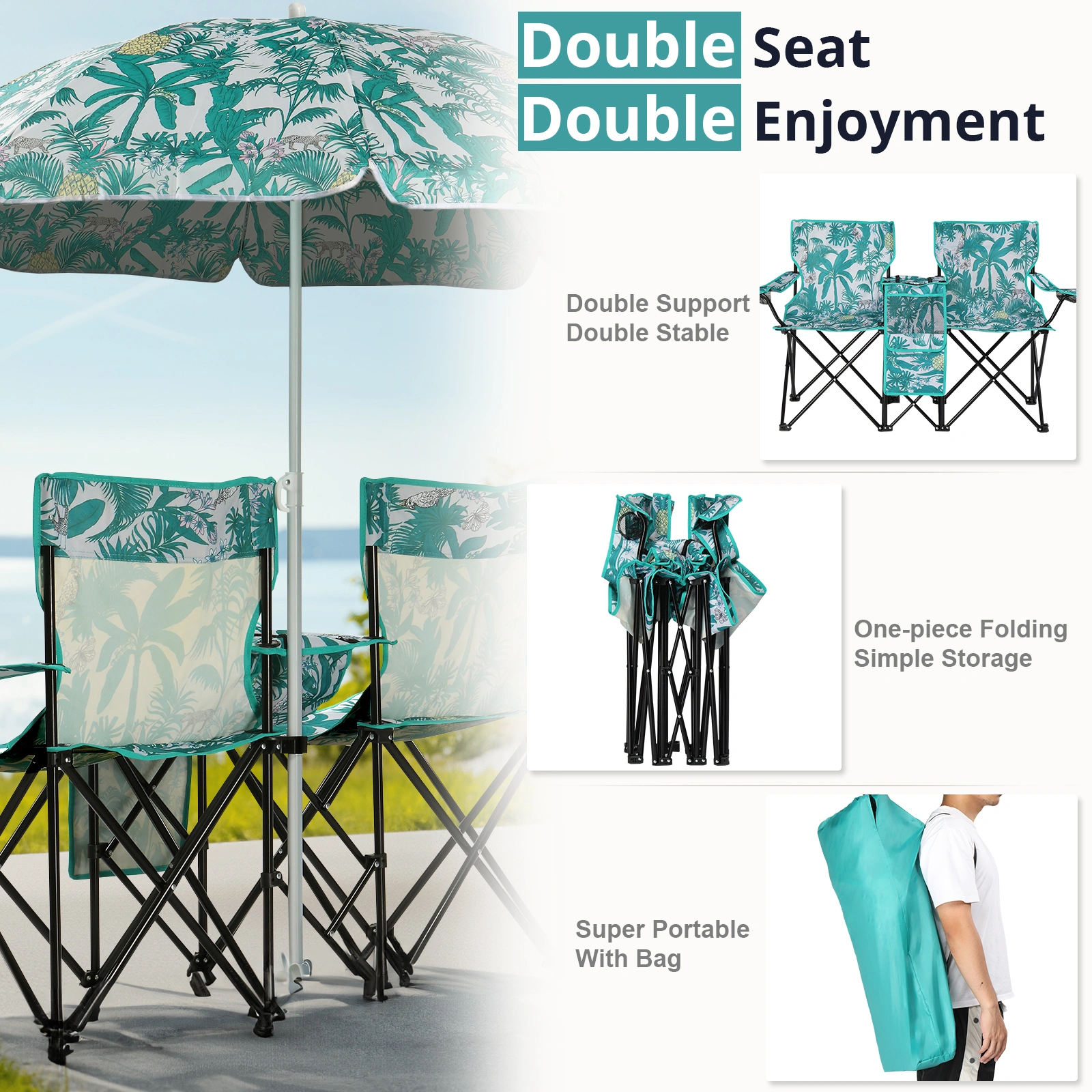 Portable Outdoor 2-Seat Folding Chair with Removable Sun Umbrella Pineapple view 8