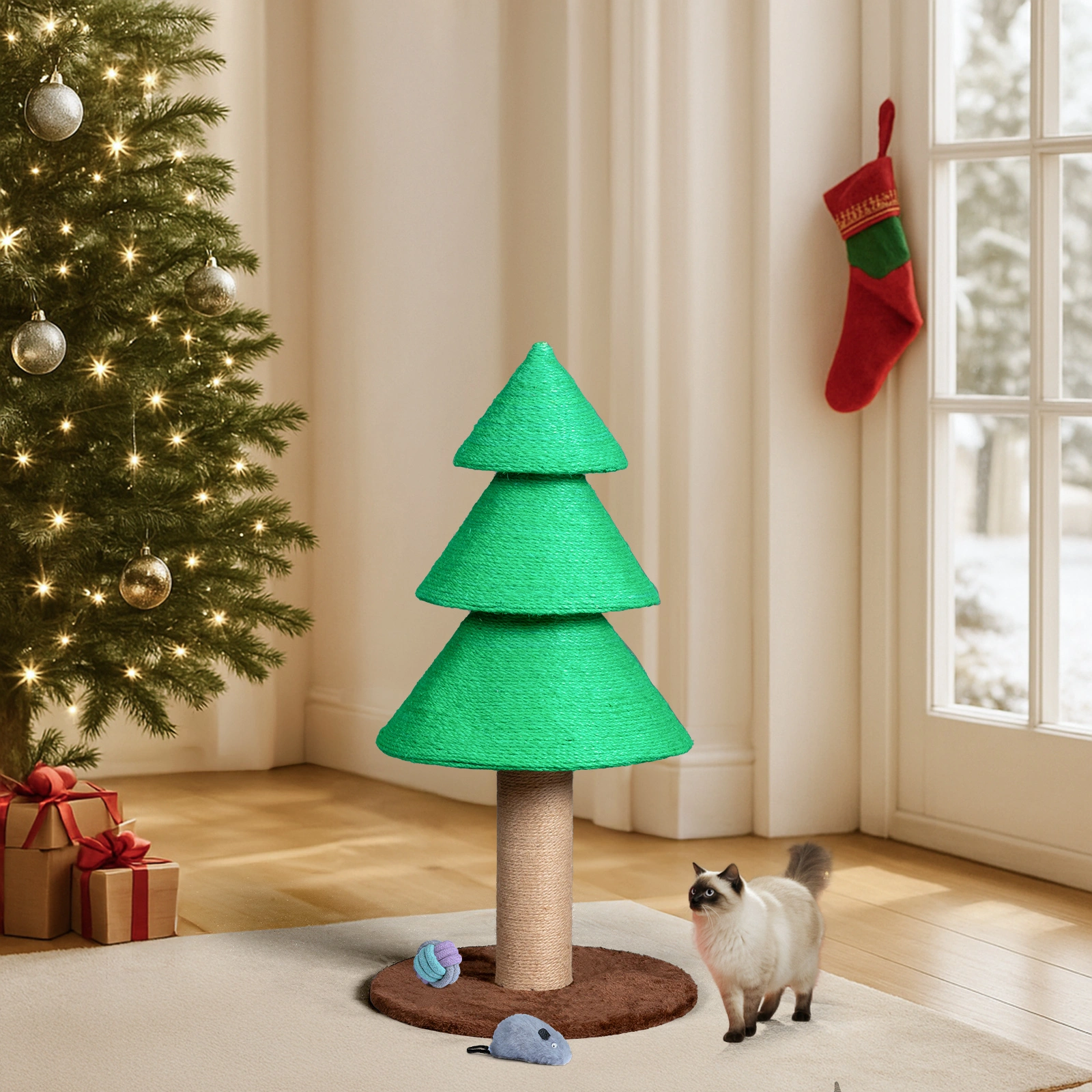 31.5in Christmas Tree Cat Scratcher, Cat Scratching Post for Indoor Cats, Large Sisal Cat Scratching Tree Cat Scratch Tower, Green view 4