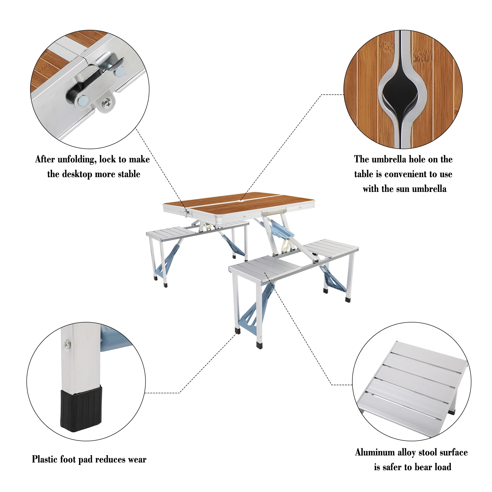 136*85.5*67cm 50kg Aluminum Alloy Table And Chair One Piece Camping One Piece Table And Chair Wood Grain Color view 11