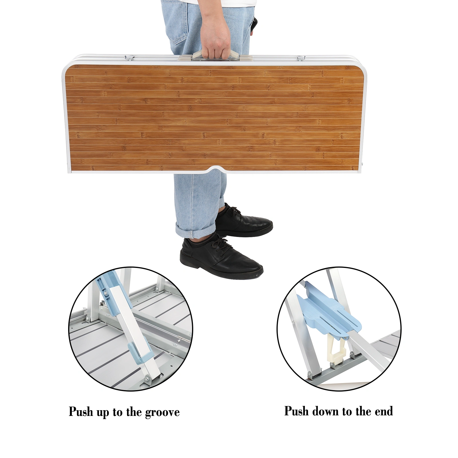 136*85.5*67cm 50kg Aluminum Alloy Table And Chair One Piece Camping One Piece Table And Chair Wood Grain Color view 13