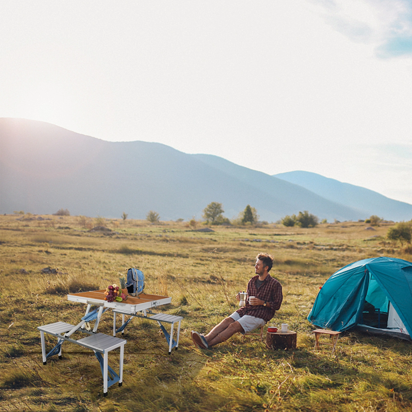136*85.5*67cm 50kg Aluminum Alloy Table And Chair One Piece Camping One Piece Table And Chair Wood Grain Color view 23