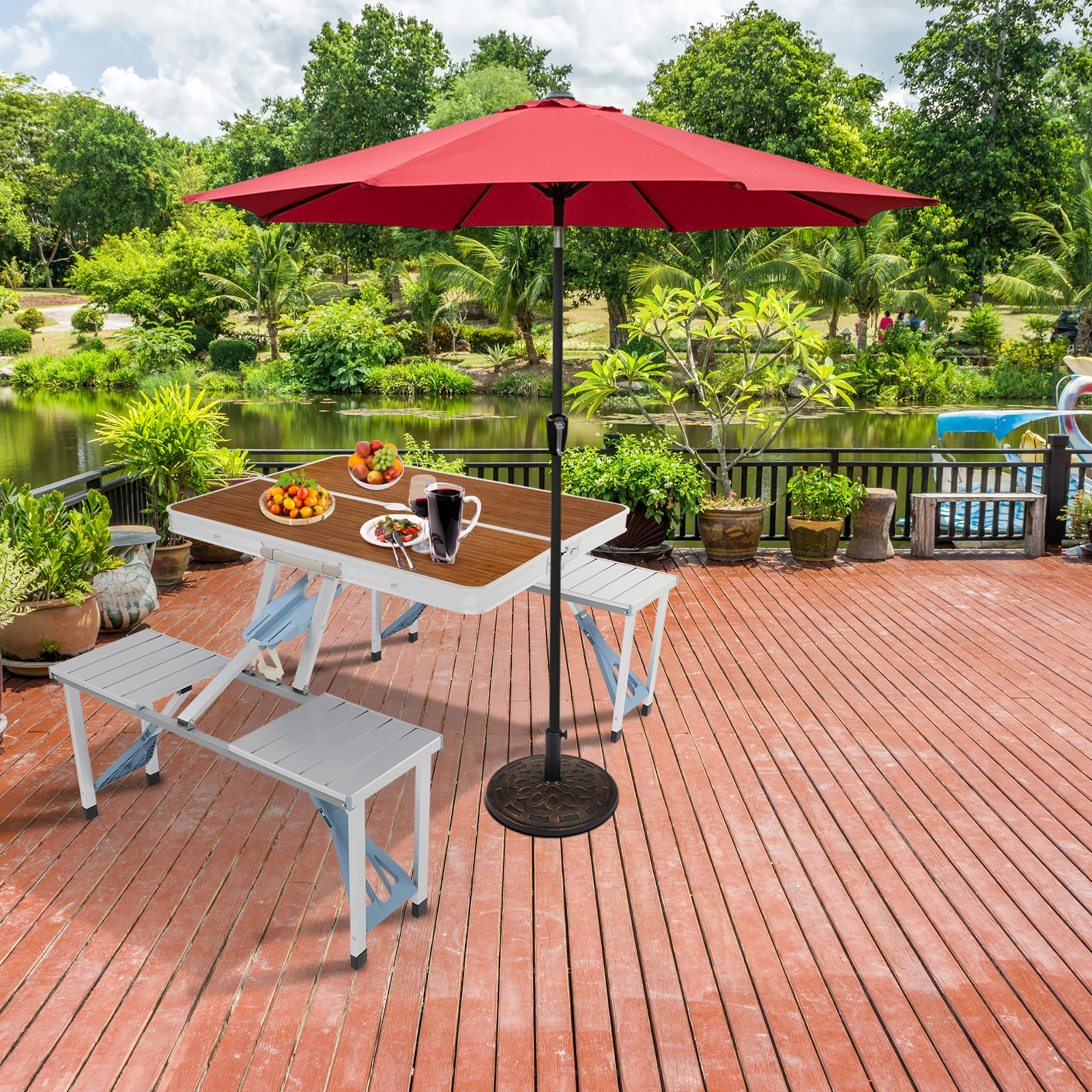 136*85.5*67cm 50kg Aluminum Alloy Table And Chair One Piece Camping One Piece Table And Chair Wood Grain Color view 25