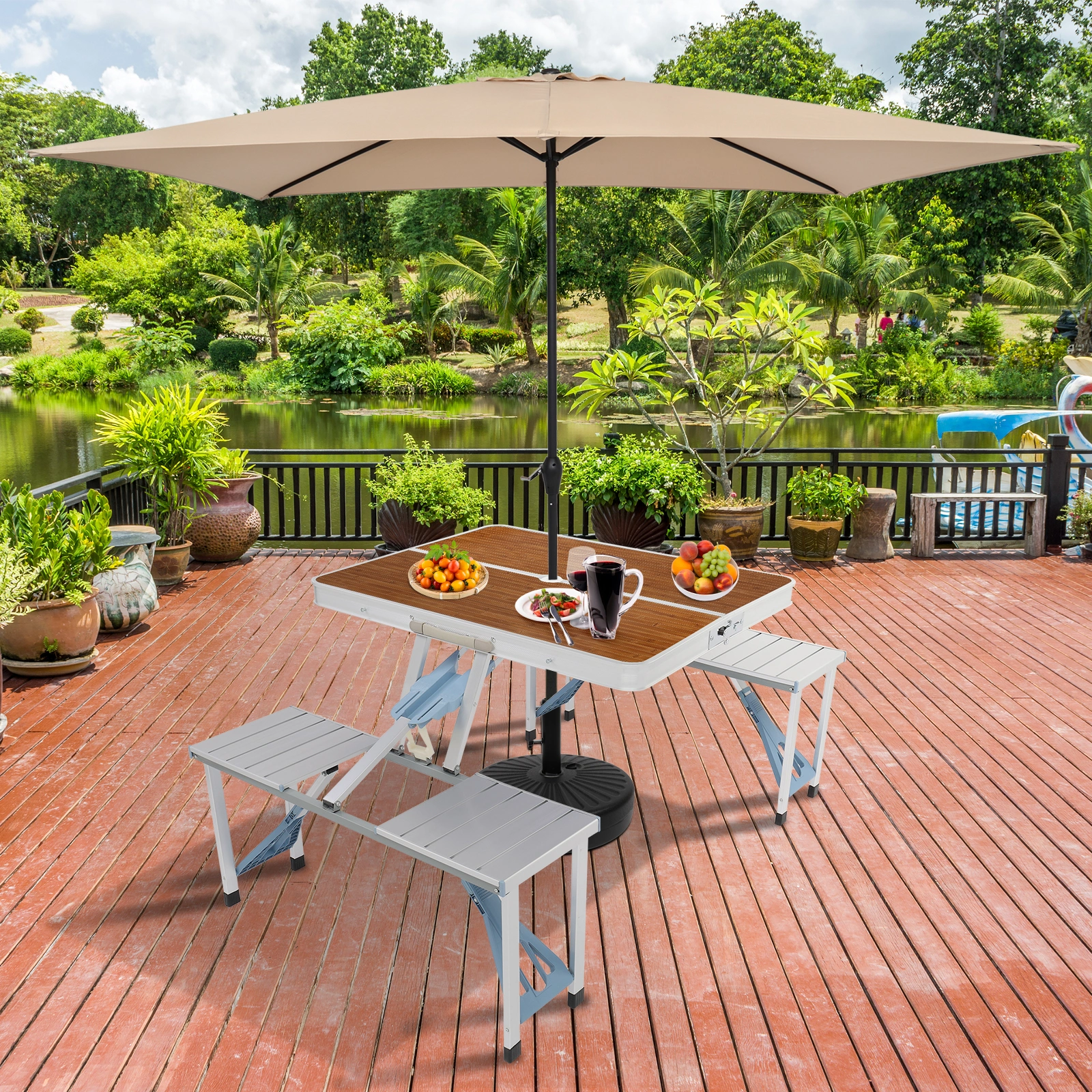 136*85.5*67cm 50kg Aluminum Alloy Table And Chair One Piece Camping One Piece Table And Chair Wood Grain Color view 26