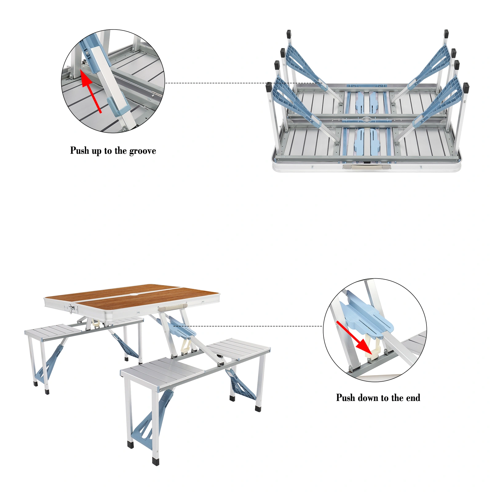 136*85.5*67cm 50kg Aluminum Alloy Table And Chair One Piece Camping One Piece Table And Chair Wood Grain Color view 8