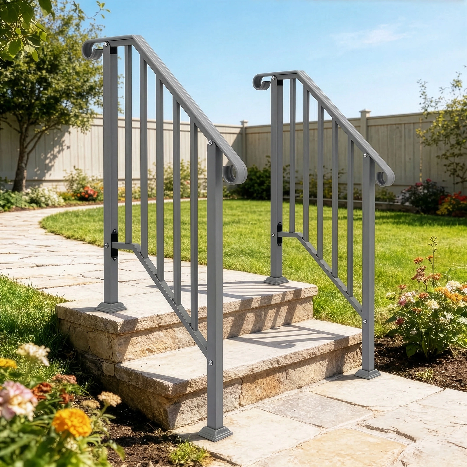 Silver Outdoor 2-Step Iron Handrail view 10