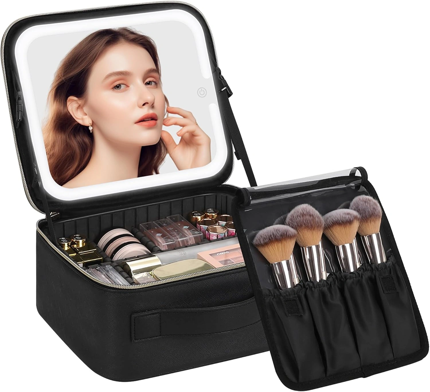 Makeup Bag with LED Mirror - Travel Cosmetic Organizer Case for Women & Makeup Artists, Large Makeup Case with Light-Up Mirror, 3 Color Lights, Adjustable Dividers, Brush Holder