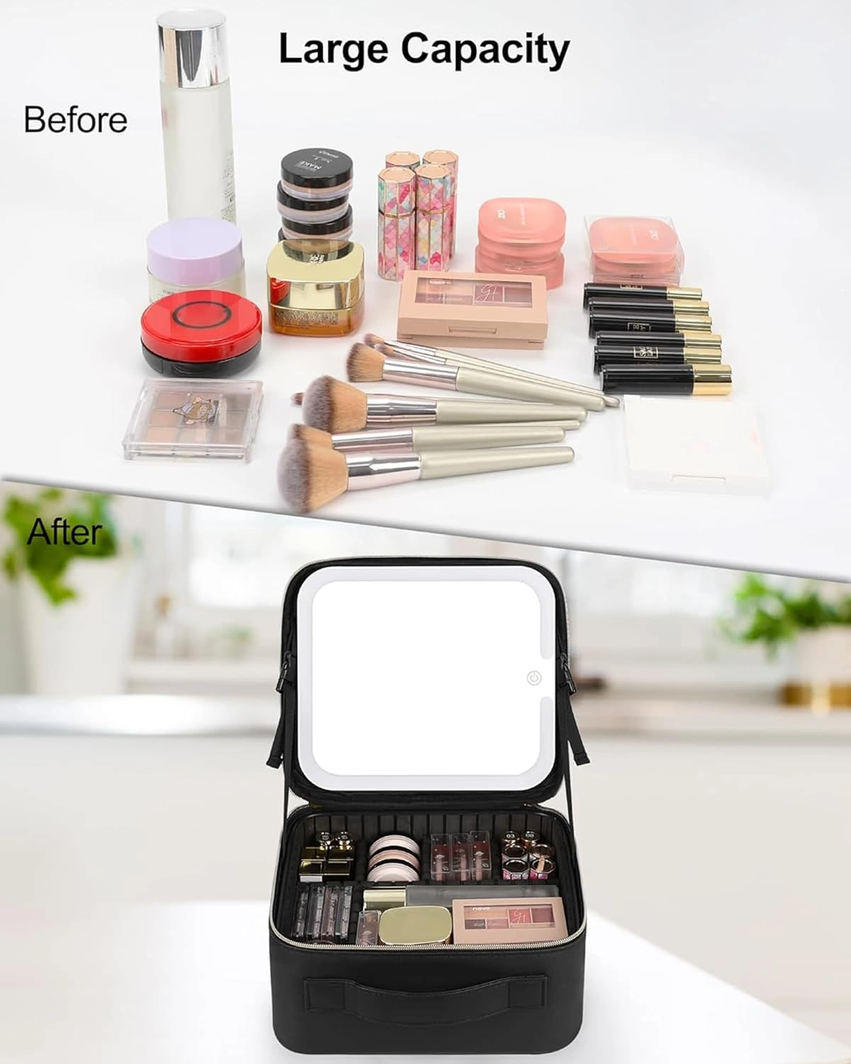 Makeup Bag with LED Mirror - Travel Cosmetic Organizer Case for Women & Makeup Artists, Large Makeup Case with Light-Up Mirror, 3 Color Lights, Adjustable Dividers, Brush Holder view 4