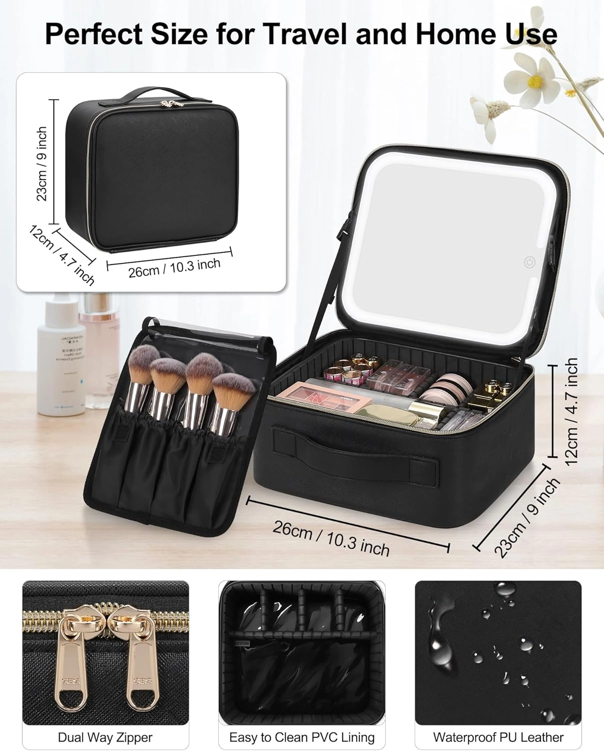 Makeup Bag with LED Mirror - Travel Cosmetic Organizer Case for Women & Makeup Artists, Large Makeup Case with Light-Up Mirror, 3 Color Lights, Adjustable Dividers, Brush Holder view 7