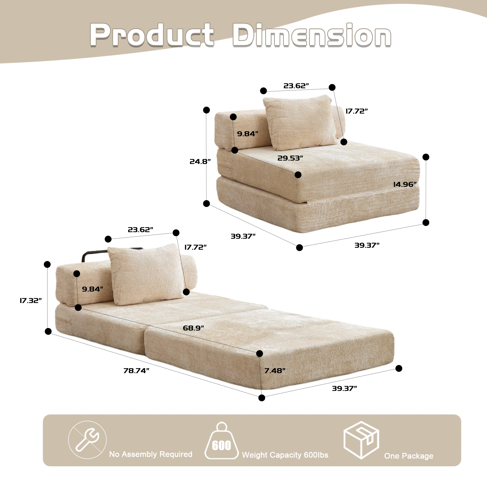 Beige Chenille Floor Sofa Bed, Compression Convertible Single Seater, Boneless Modular Sectional with Fixed Frame, No Assembly, Living Room Bedroom view 3