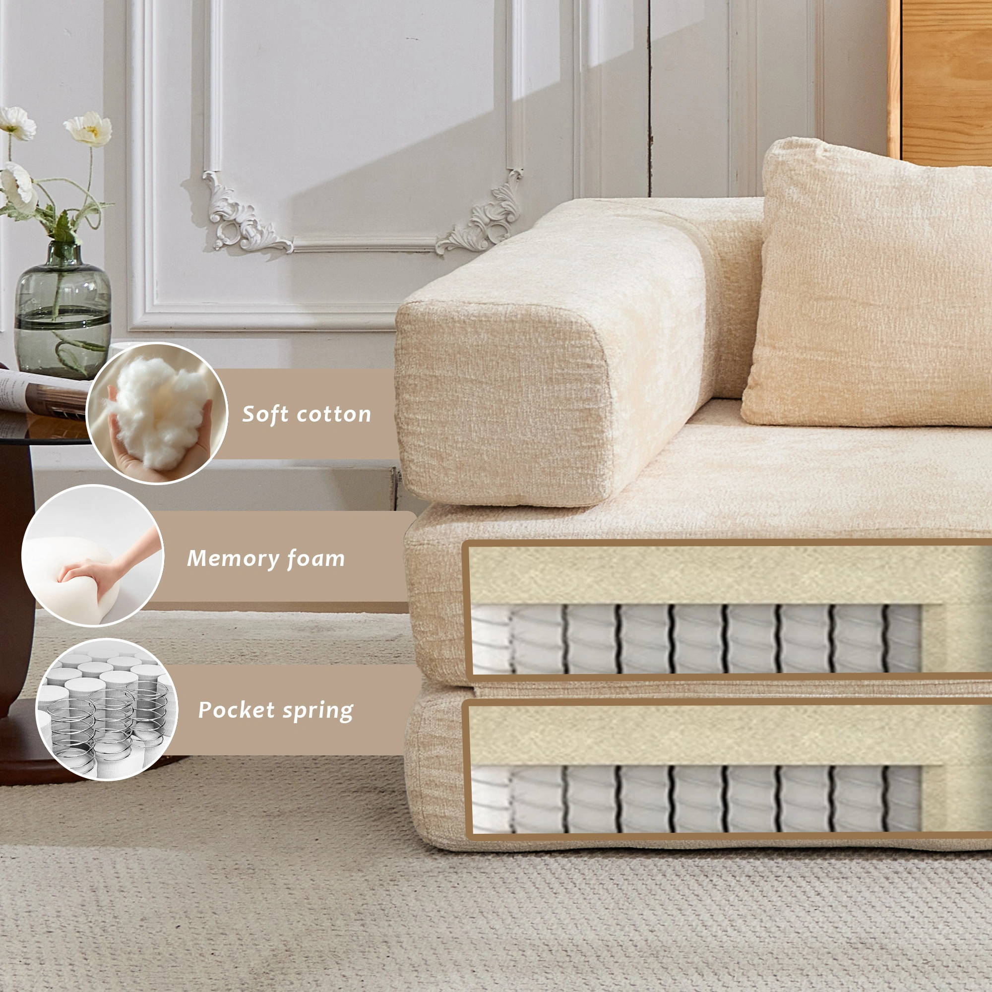 Beige Chenille Floor Sofa Bed, Compression Convertible Single Seater, Boneless Modular Sectional with Fixed Frame, No Assembly, Living Room Bedroom view 5