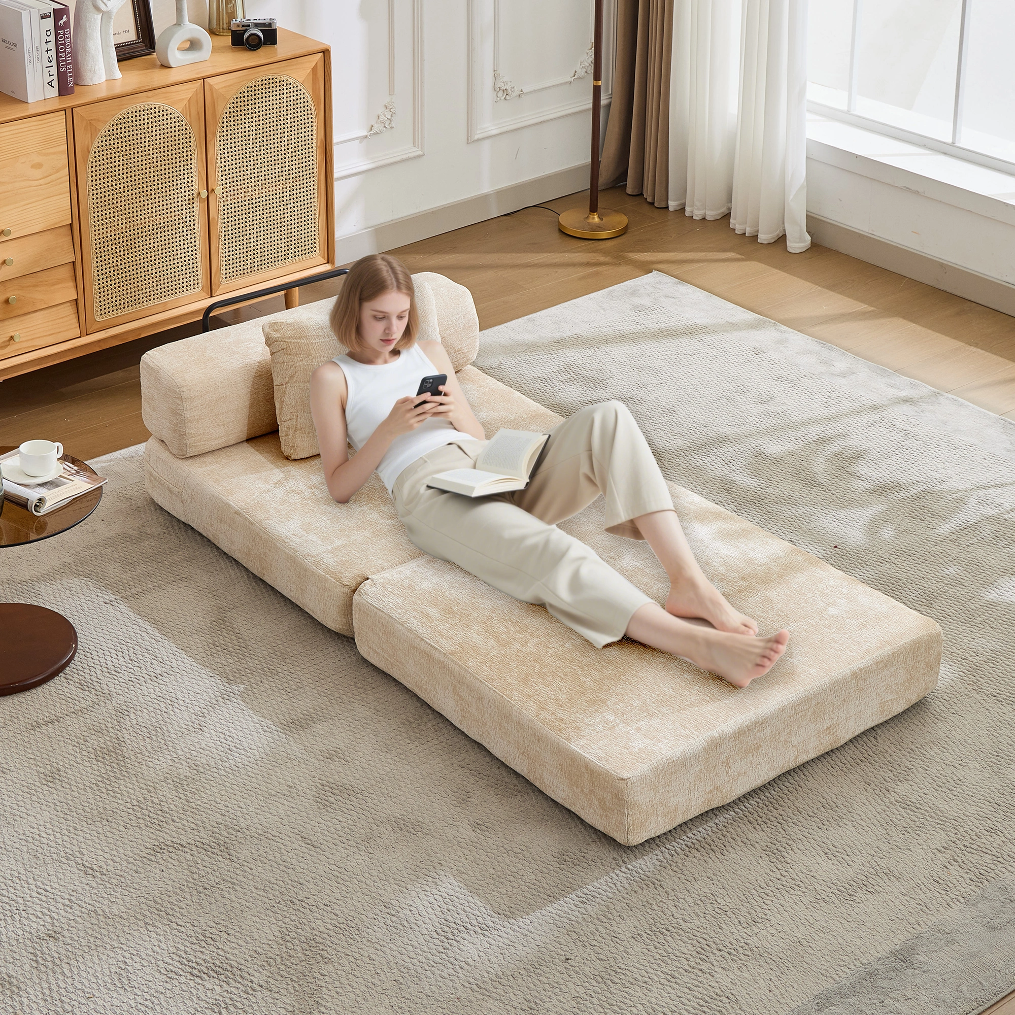 Beige Chenille Floor Sofa Bed, Compression Convertible Single Seater, Boneless Modular Sectional with Fixed Frame, No Assembly, Living Room Bedroom view 8