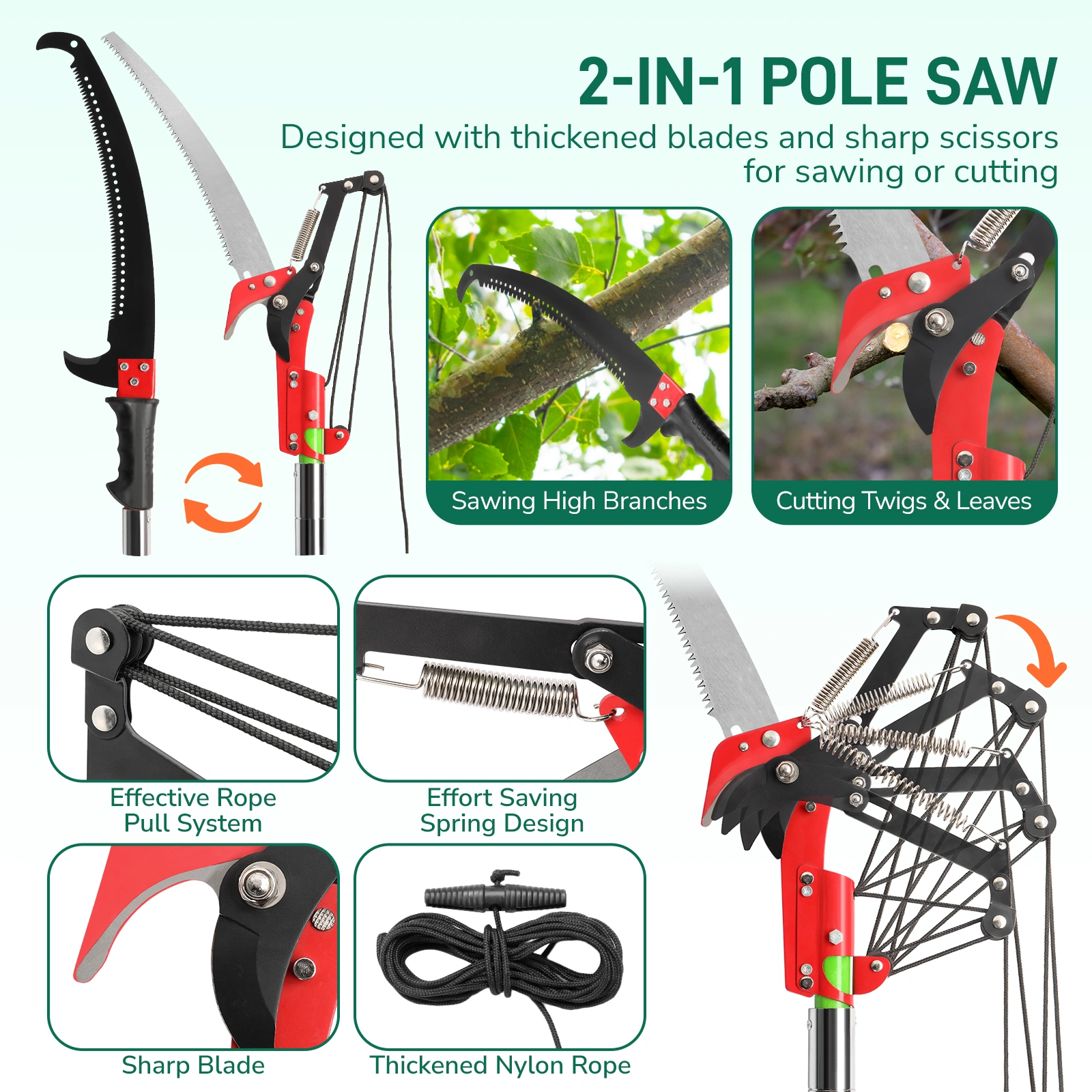 26ft Manual Pole Saw, Lightweight Tree Trimmers Long Handle Pruner Set, Sharp Steel Blade and Scissors Pole Saw for Trimming Palm, Pear Tree, Fir Tree, Other High Trees and Shrubs view 24