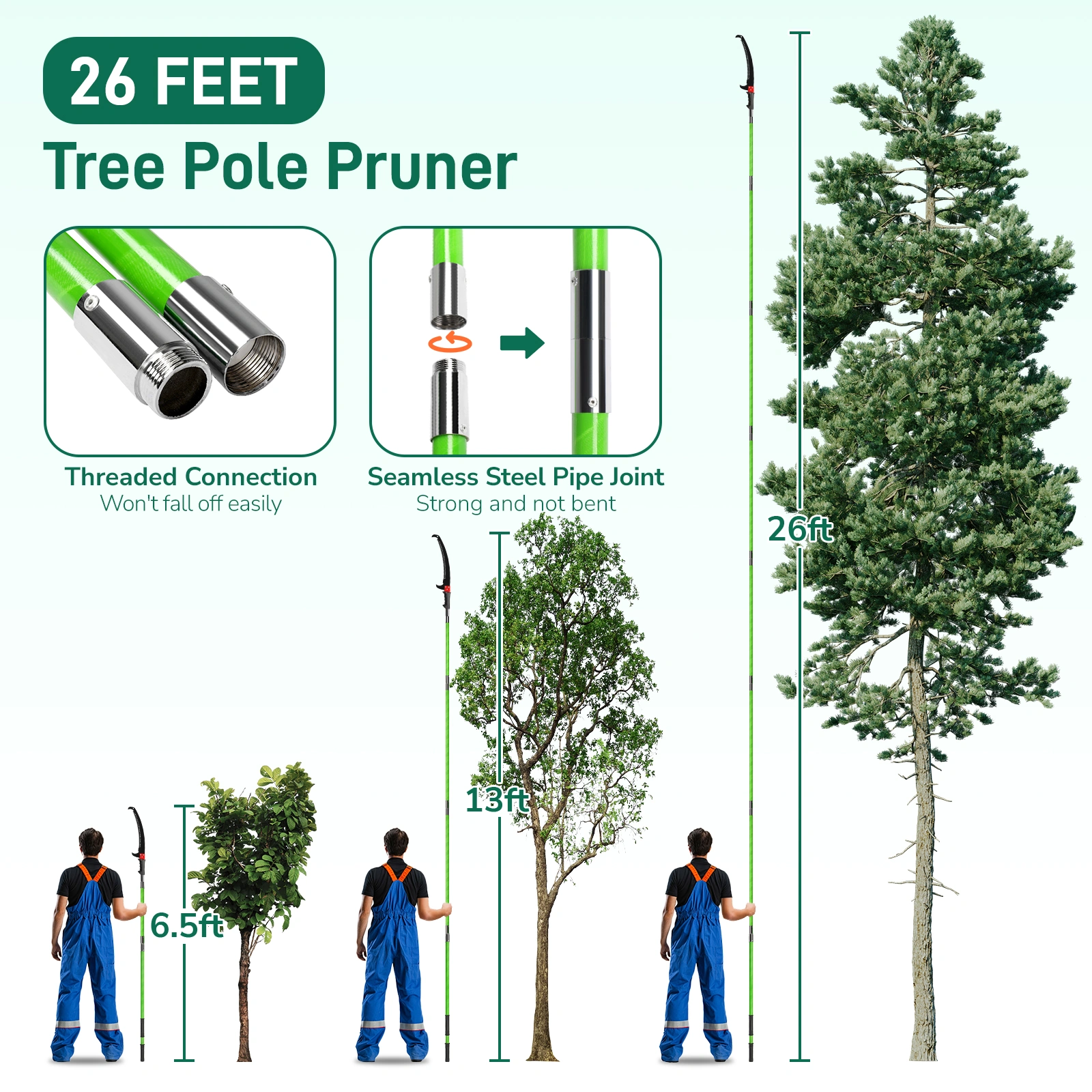 26ft Manual Pole Saw, Lightweight Tree Trimmers Long Handle Pruner Set, Sharp Steel Blade and Scissors Pole Saw for Trimming Palm, Pear Tree, Fir Tree, Other High Trees and Shrubs view 26