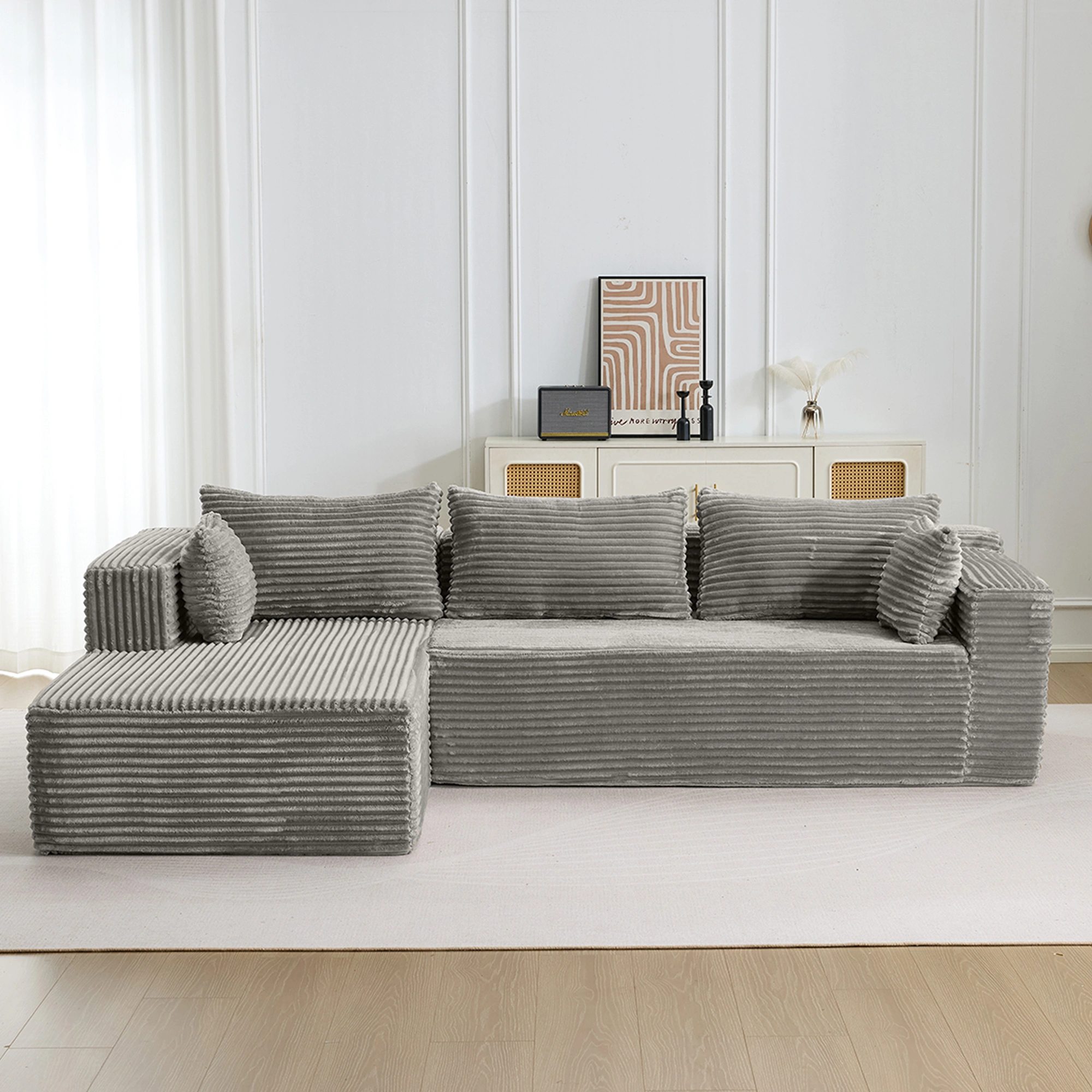 Compression Sectional Couch with Chaise, Boneless L-Shape Sofa Deep Seat Modular Sleeper for Living Room Bedroom