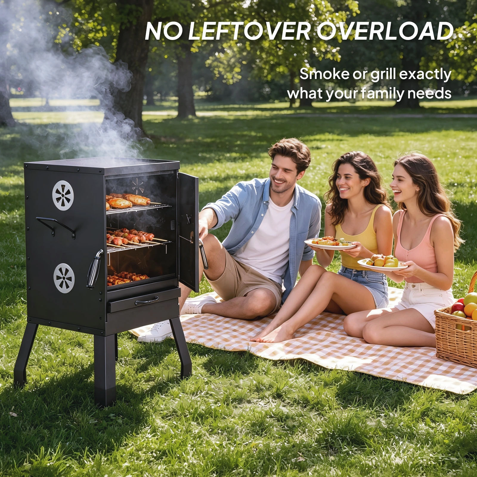 Portable Outdoor Smoker with 2 Detachable Grill Netting Smoking Racks, Charcoal Pan, 4 Air Vents, Thermometer, Vertical Charcoal Smoker for Barbecue Camping Backyard Grill view 10