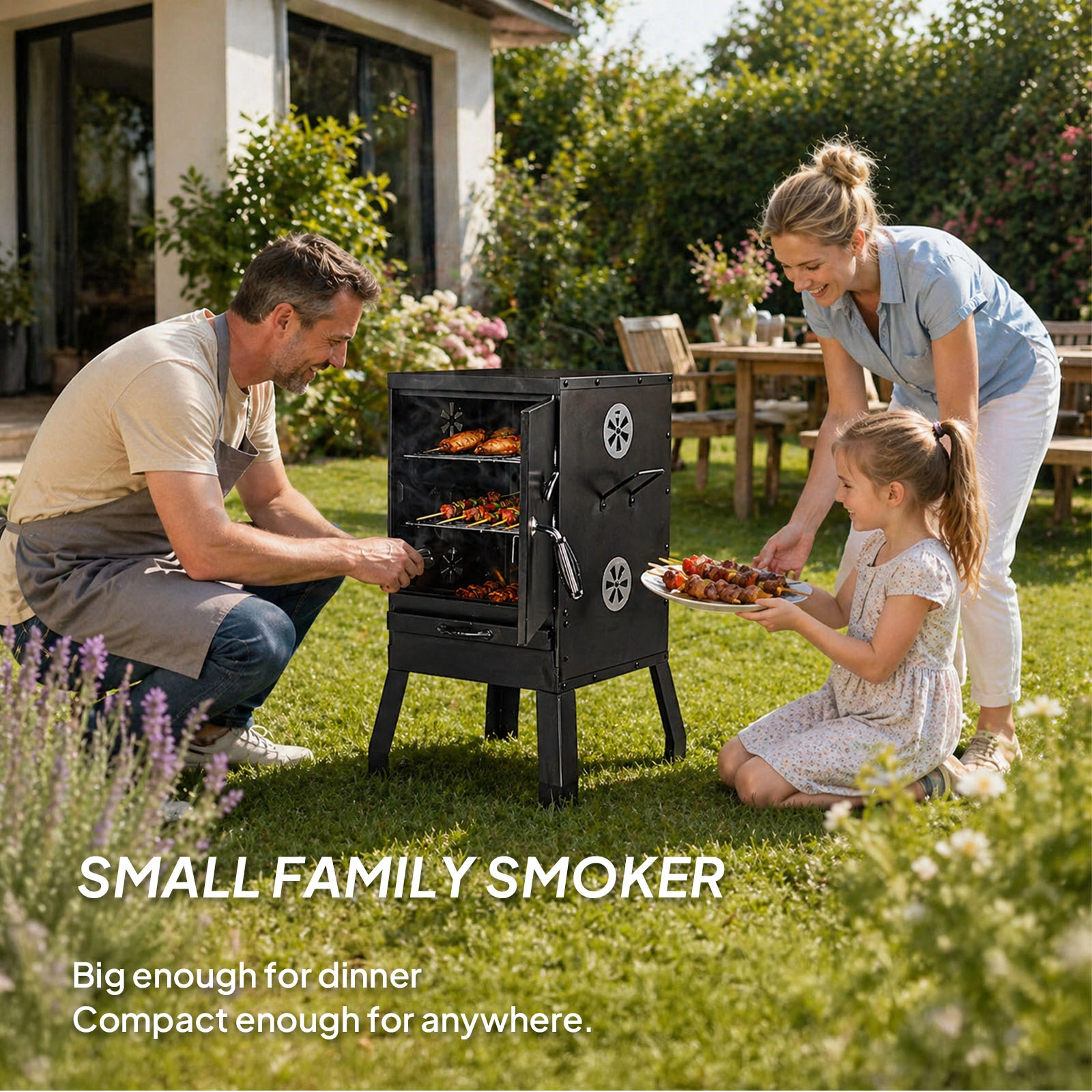 Portable Outdoor Smoker with 2 Detachable Grill Netting Smoking Racks, Charcoal Pan, 4 Air Vents, Thermometer, Vertical Charcoal Smoker for Barbecue Camping Backyard Grill view 11