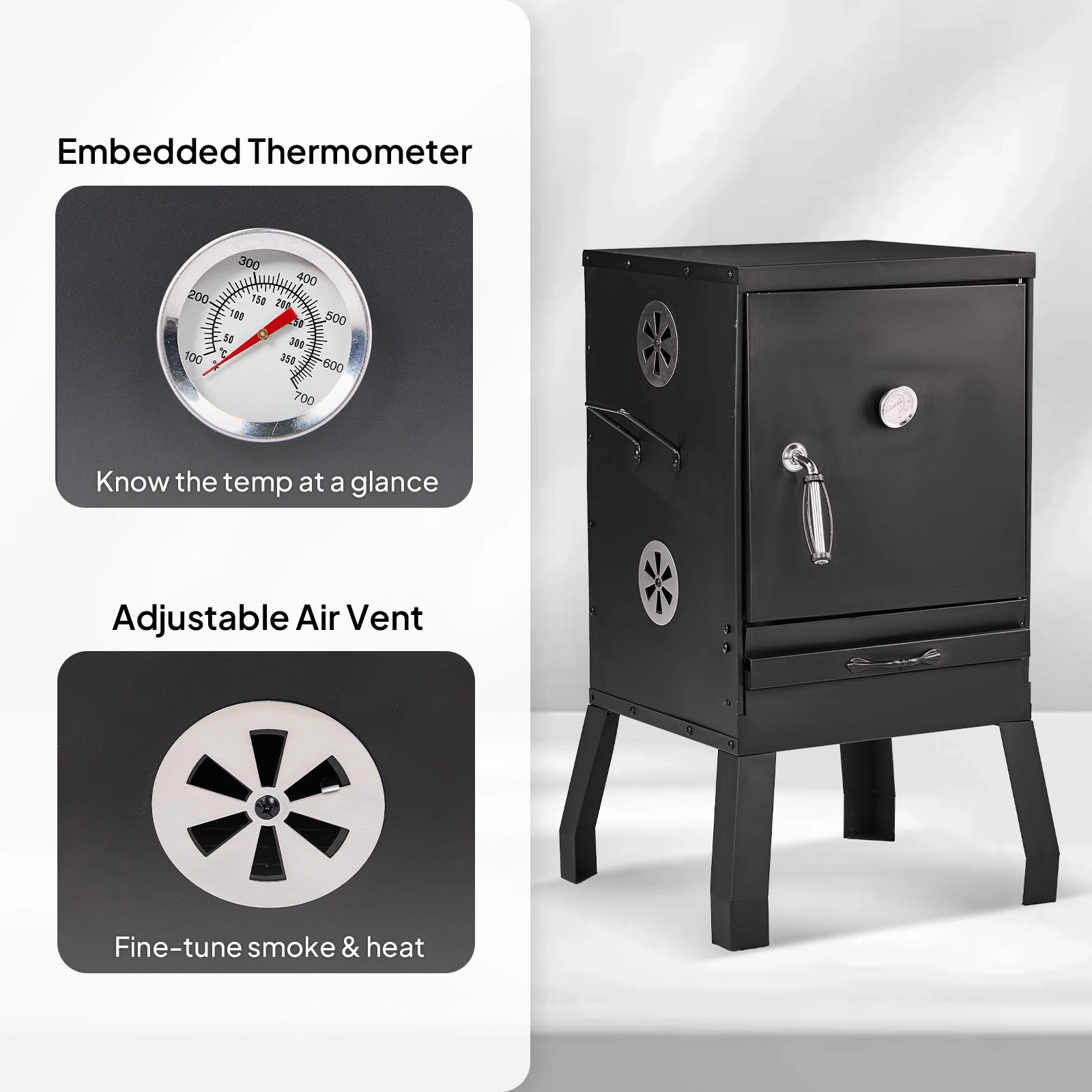 Portable Outdoor Smoker with 2 Detachable Grill Netting Smoking Racks, Charcoal Pan, 4 Air Vents, Thermometer, Vertical Charcoal Smoker for Barbecue Camping Backyard Grill view 3