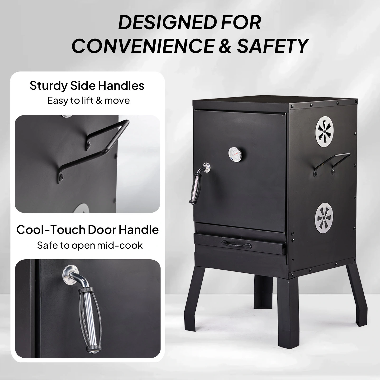 Portable Outdoor Smoker with 2 Detachable Grill Netting Smoking Racks, Charcoal Pan, 4 Air Vents, Thermometer, Vertical Charcoal Smoker for Barbecue Camping Backyard Grill view 6