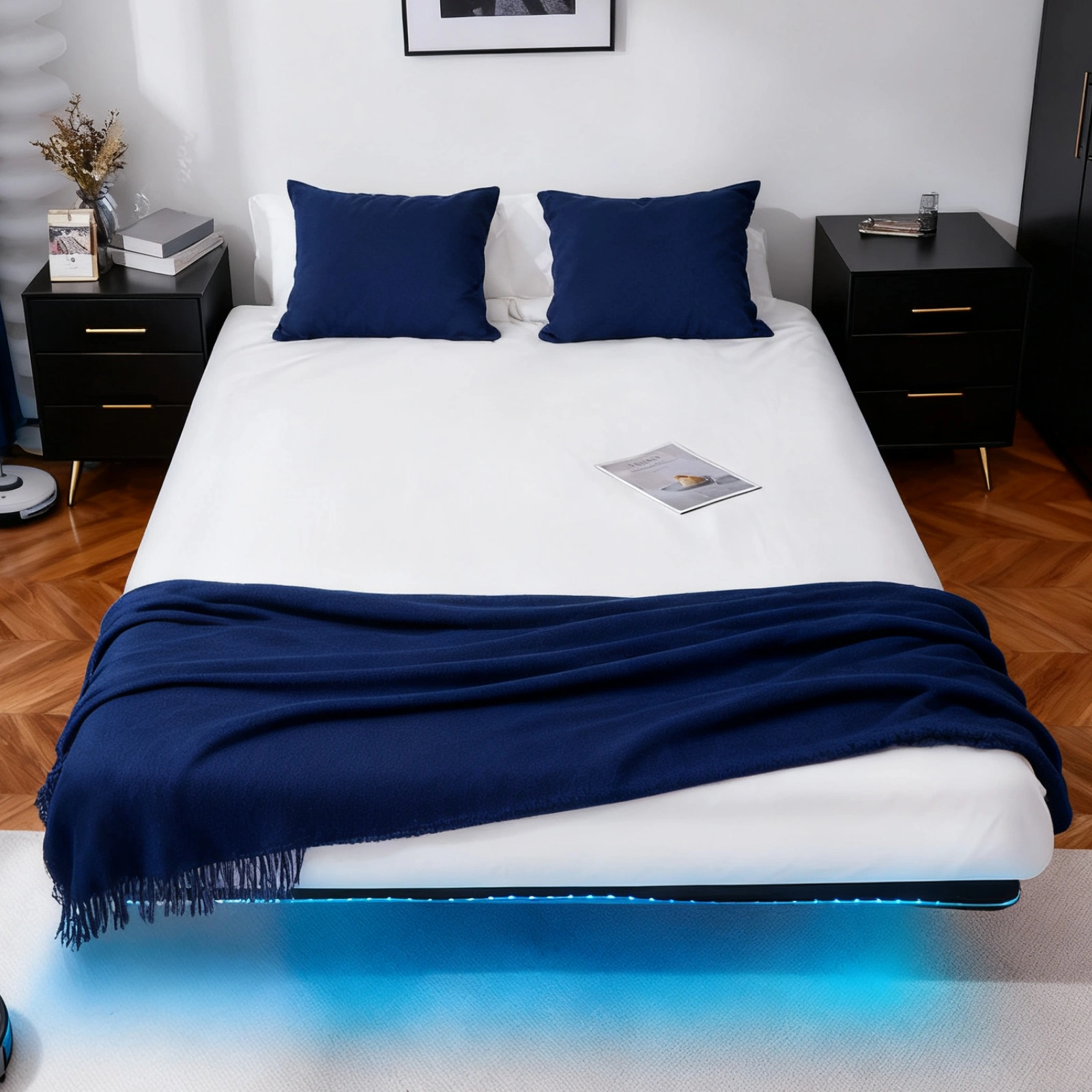 Black Full Size Floating Platform Metal Bed Frame - 14 Inch Height, Built-in LED Strip Light & Power Outlet view 7