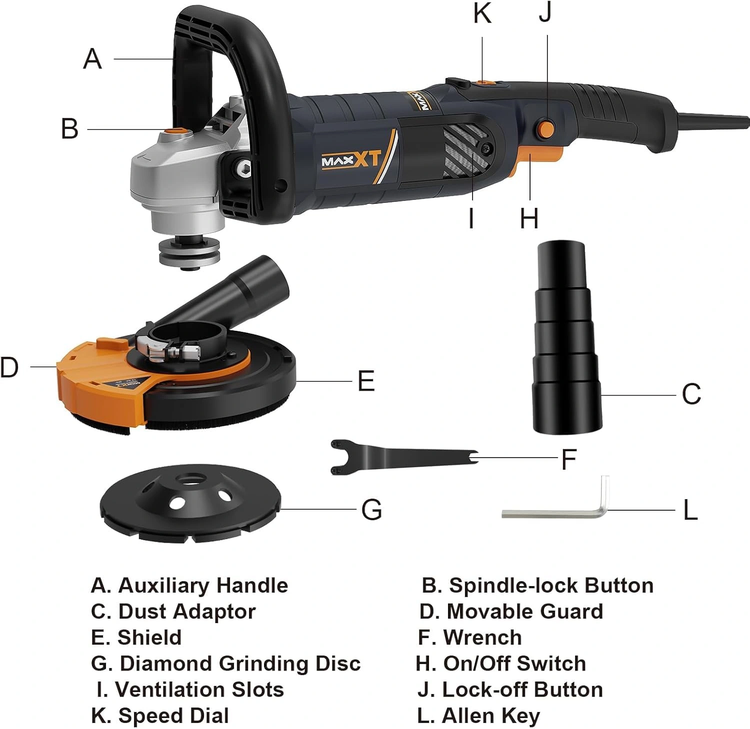 5 Inch Concrete Surface Grinder 1500W 14A with 7 Speed, Diamond Disc, Angle Grinder Kit, Removable Guard for Floor Surfacing view 7