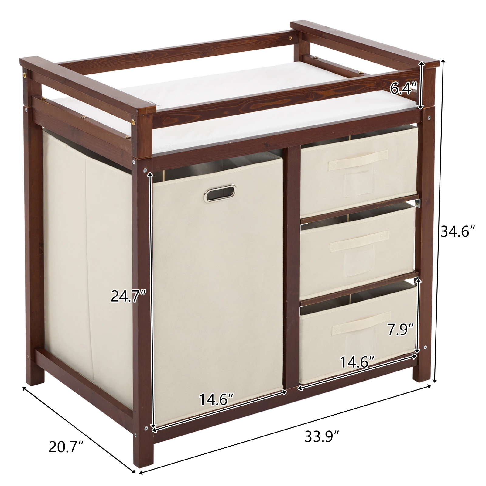 Brown painted pine wood frame children's bed with removable top, 87*53*87.5cm, includes 3 fabric drawers and 1 fabric bag, and a changing table view 10