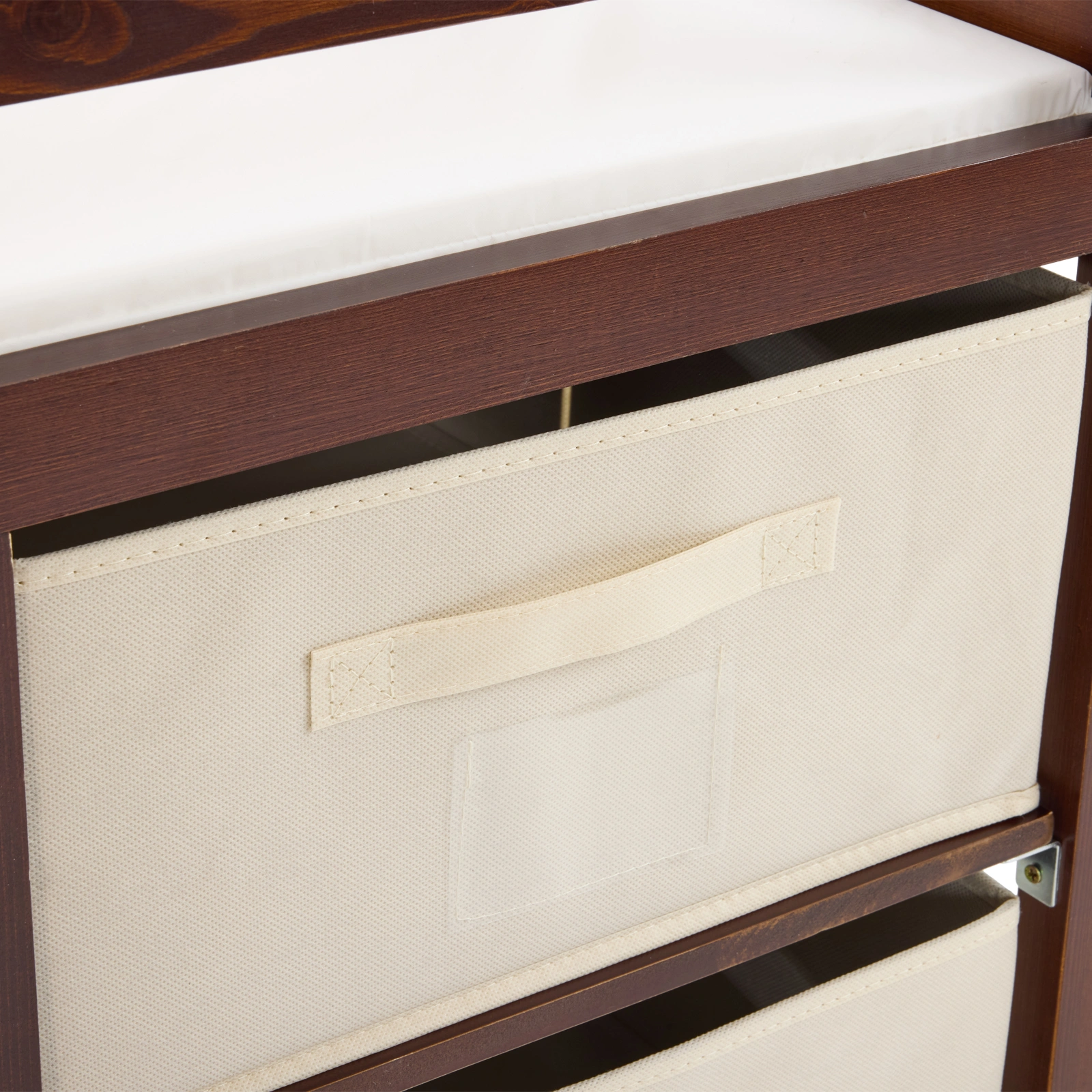 Brown painted pine wood frame children's bed with removable top, 87*53*87.5cm, includes 3 fabric drawers and 1 fabric bag, and a changing table view 11