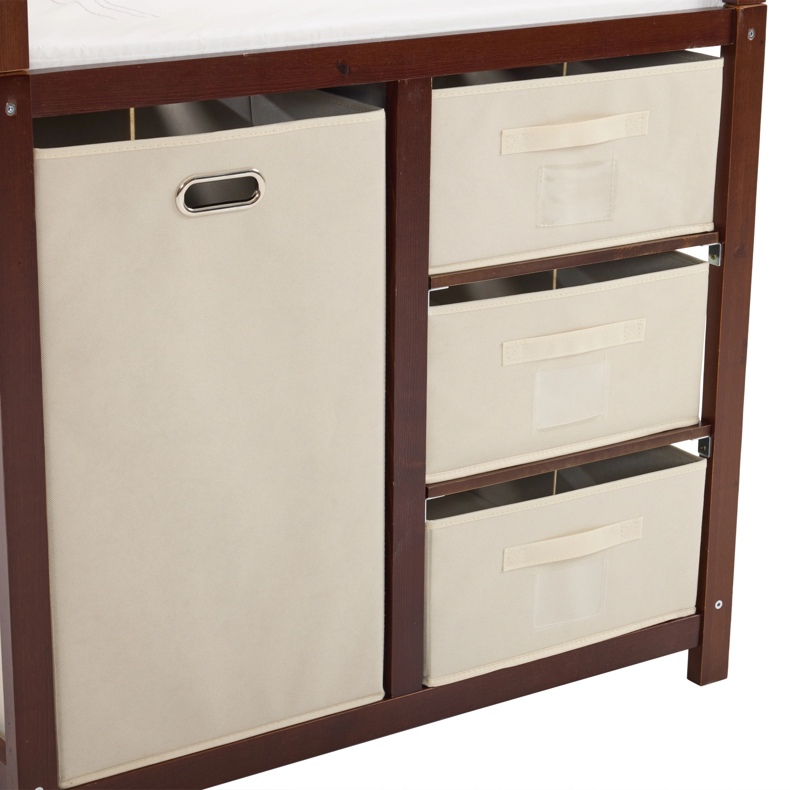 Brown painted pine wood frame children's bed with removable top, 87*53*87.5cm, includes 3 fabric drawers and 1 fabric bag, and a changing table view 12