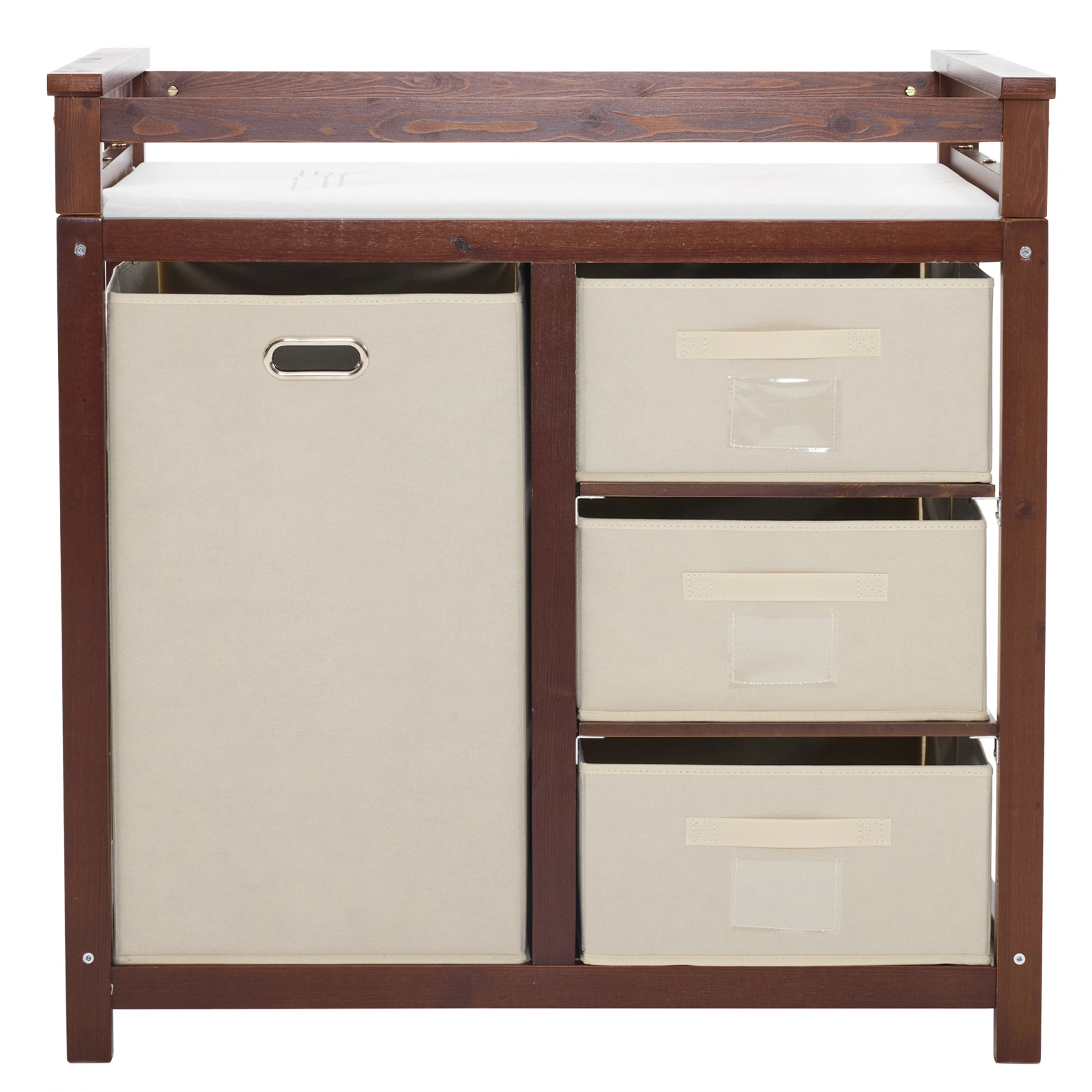 Brown painted pine wood frame children's bed with removable top, 87*53*87.5cm, includes 3 fabric drawers and 1 fabric bag, and a changing table view 13