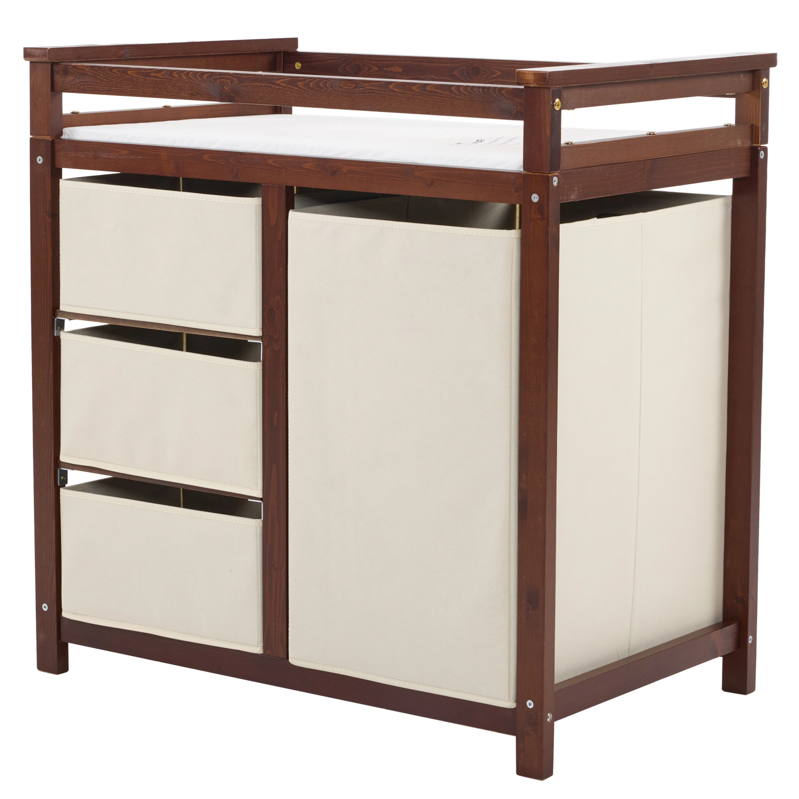 Brown painted pine wood frame children's bed with removable top, 87*53*87.5cm, includes 3 fabric drawers and 1 fabric bag, and a changing table view 15