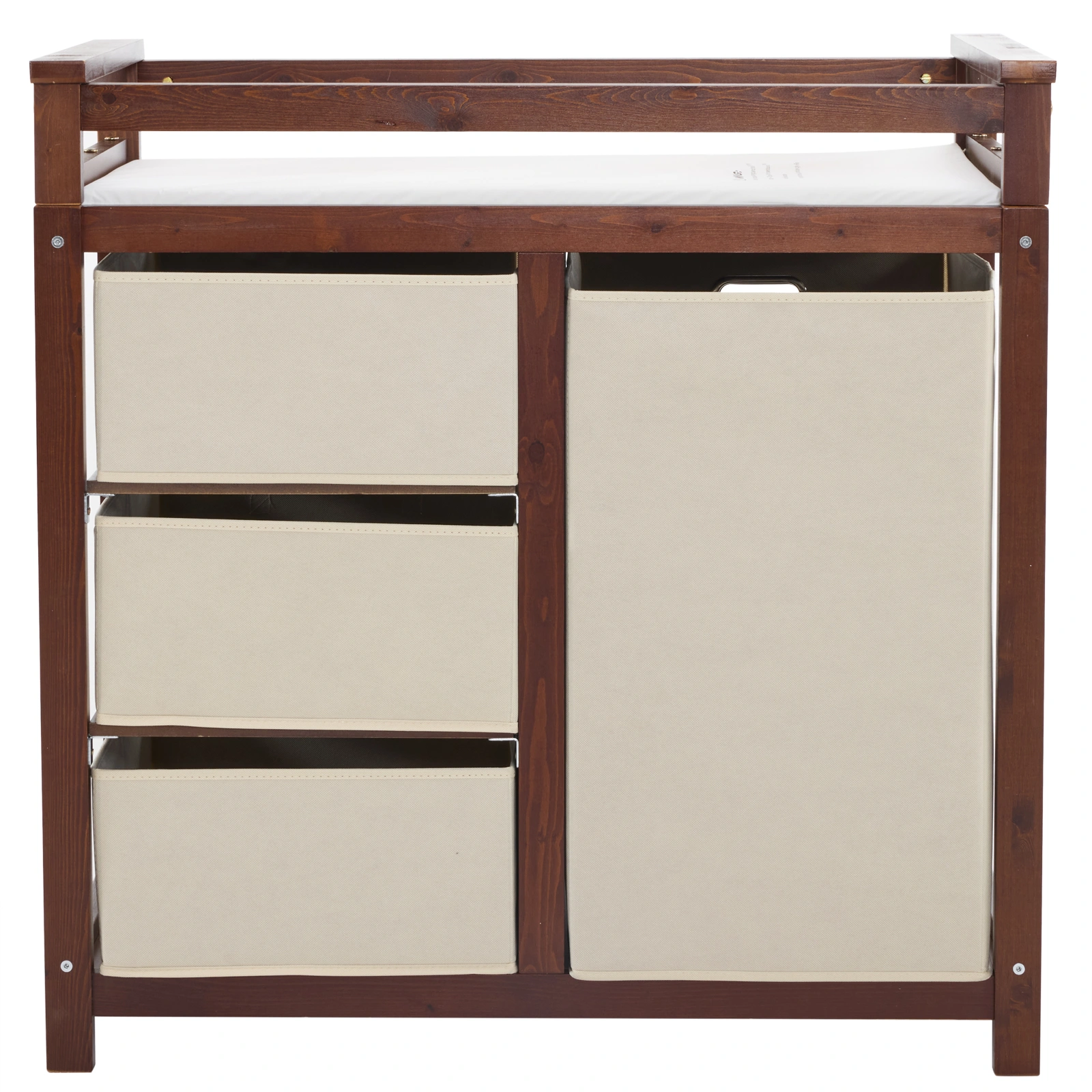 Brown painted pine wood frame children's bed with removable top, 87*53*87.5cm, includes 3 fabric drawers and 1 fabric bag, and a changing table view 16