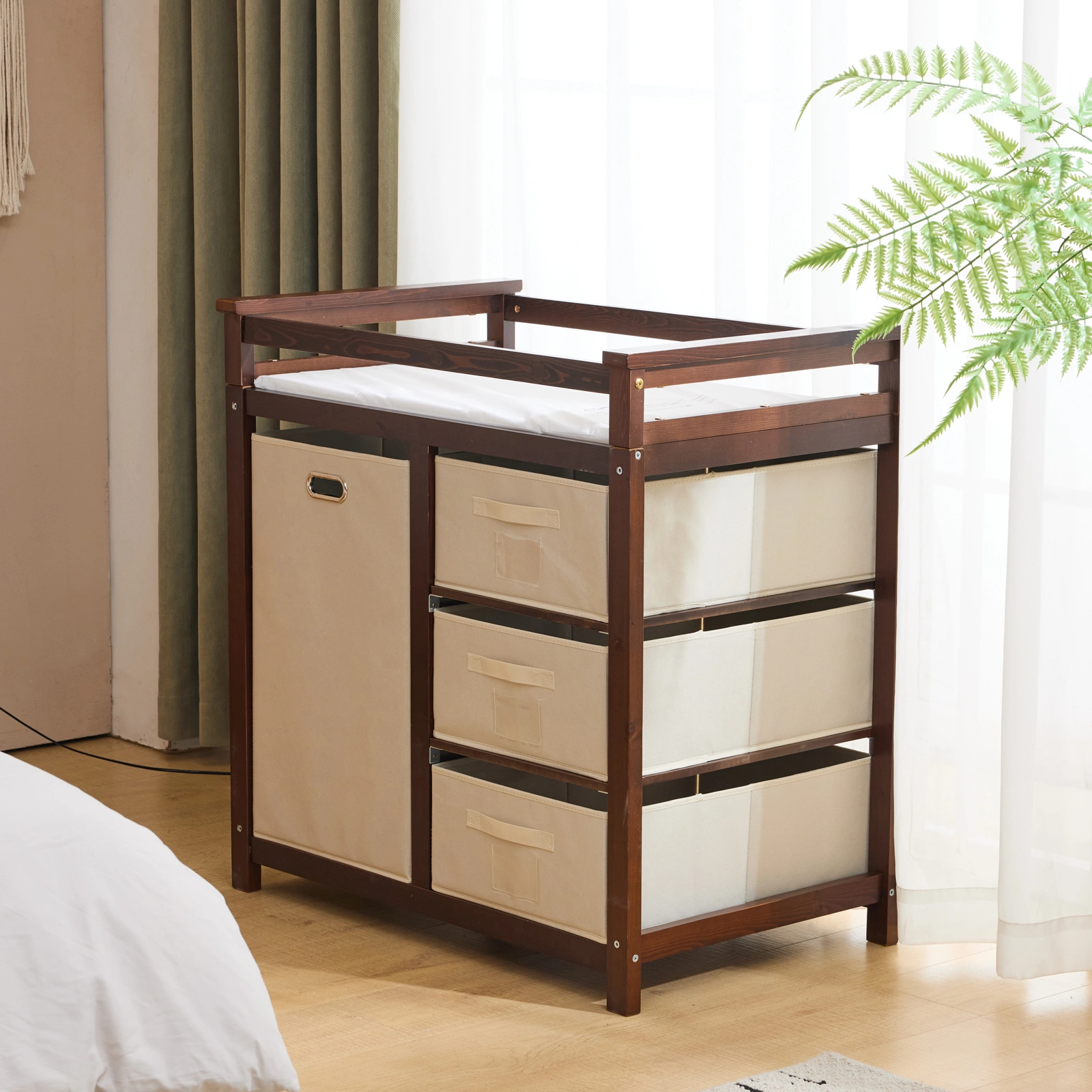 Brown painted pine wood frame children's bed with removable top, 87*53*87.5cm, includes 3 fabric drawers and 1 fabric bag, and a changing table view 19