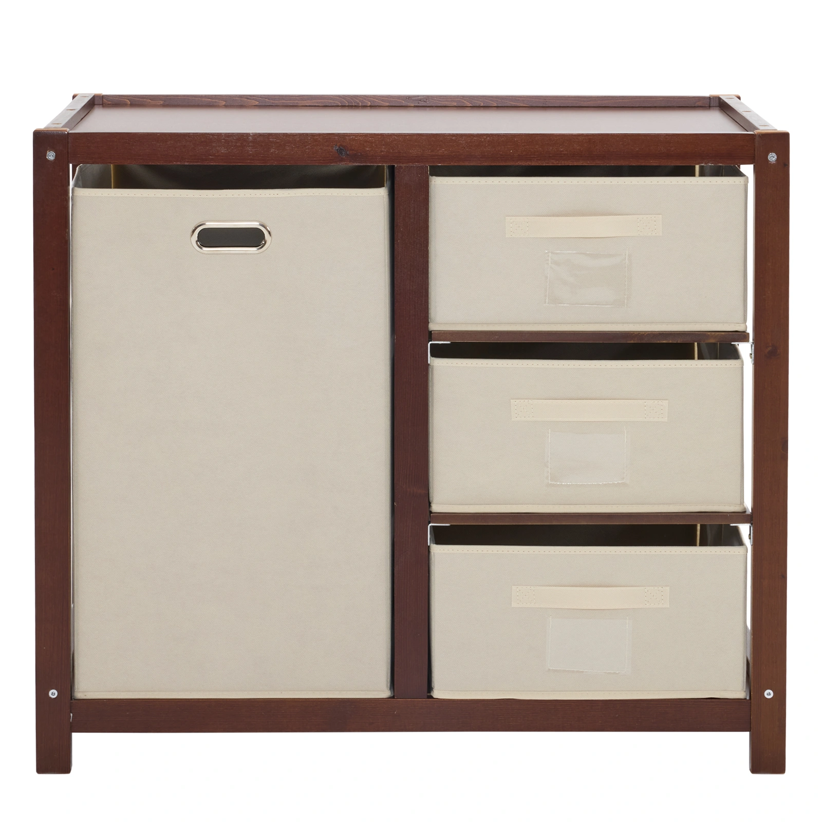 Brown painted pine wood frame children's bed with removable top, 87*53*87.5cm, includes 3 fabric drawers and 1 fabric bag, and a changing table view 2