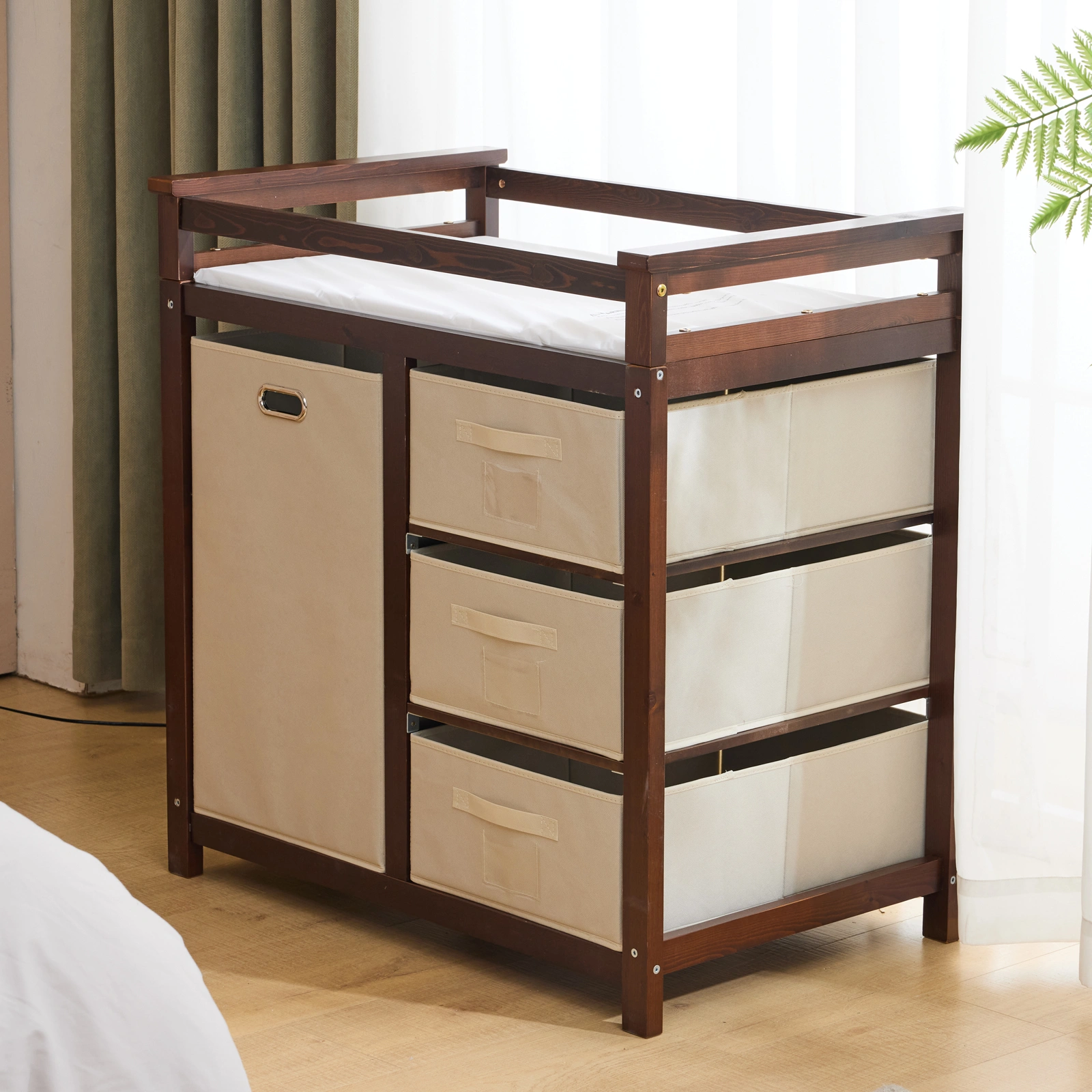 Brown painted pine wood frame children's bed with removable top, 87*53*87.5cm, includes 3 fabric drawers and 1 fabric bag, and a changing table view 20