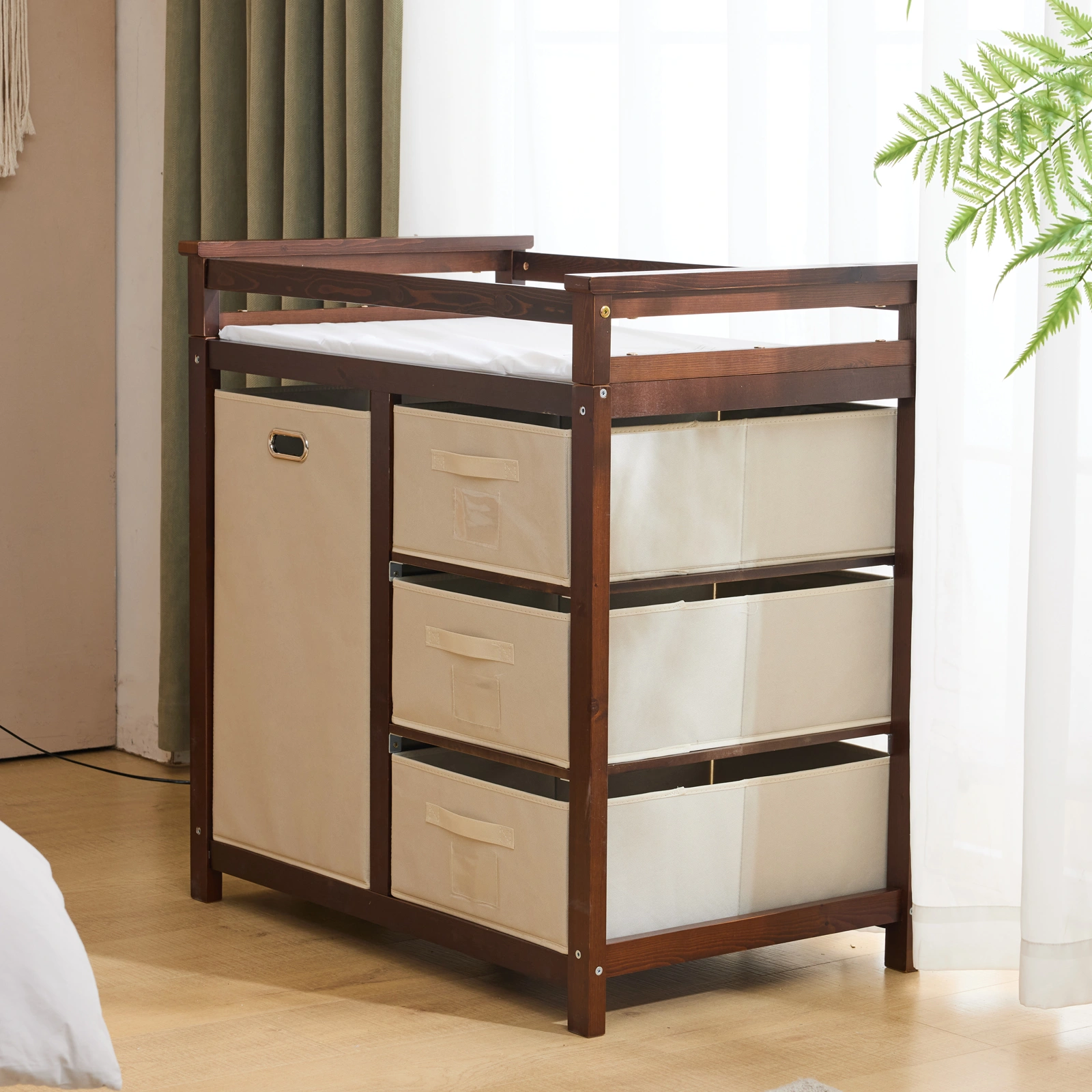 Brown painted pine wood frame children's bed with removable top, 87*53*87.5cm, includes 3 fabric drawers and 1 fabric bag, and a changing table view 21