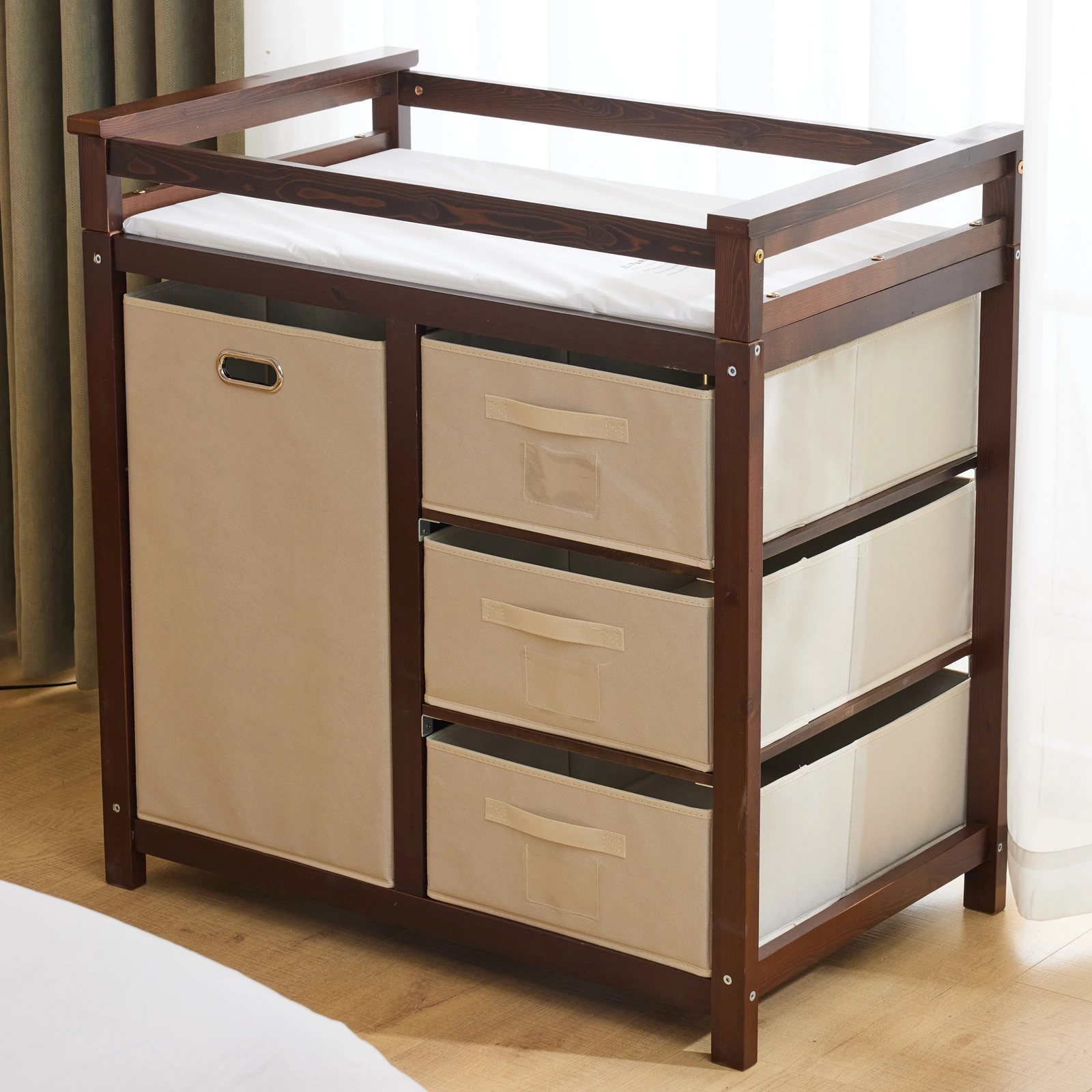 Brown painted pine wood frame children's bed with removable top, 87*53*87.5cm, includes 3 fabric drawers and 1 fabric bag, and a changing table view 22