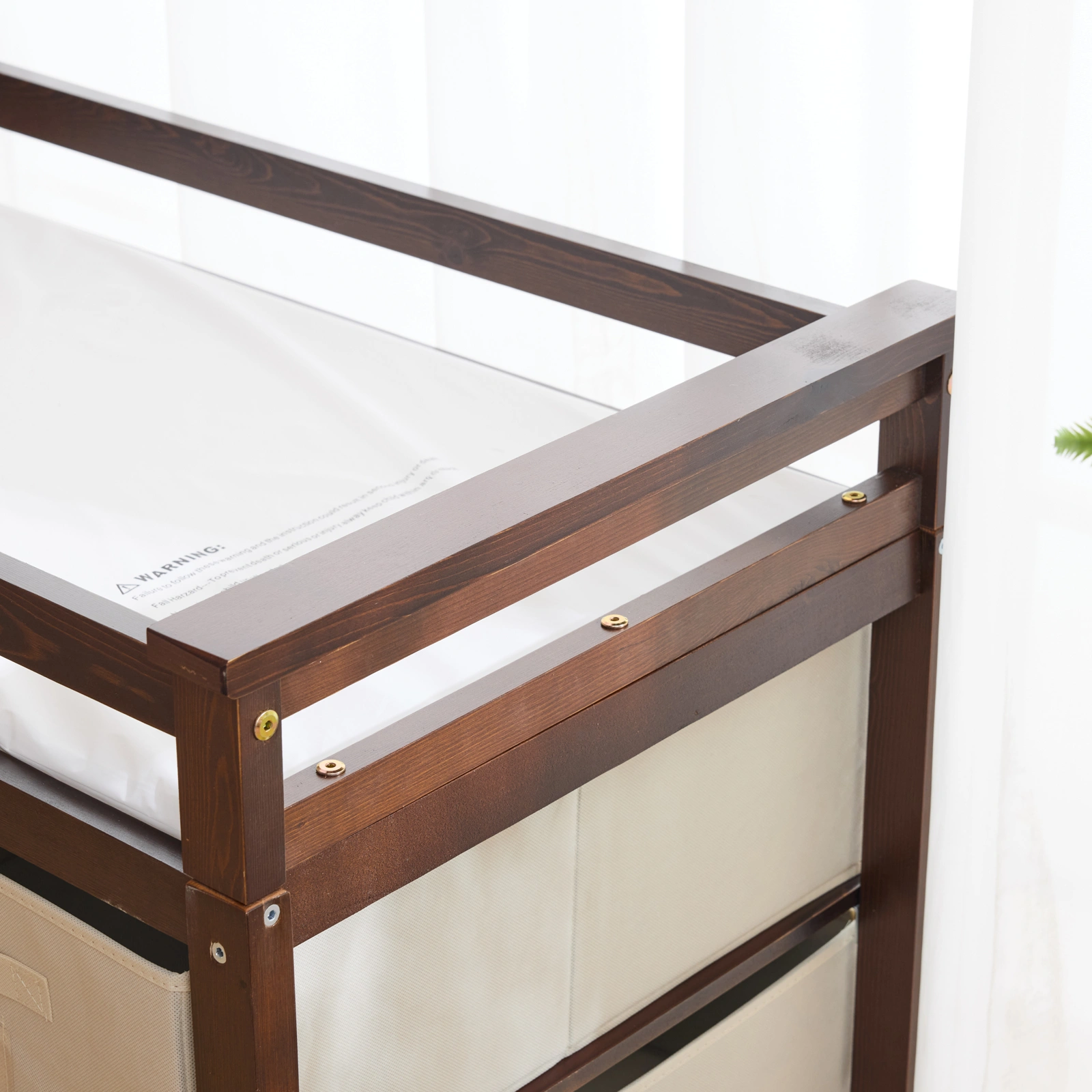 Brown painted pine wood frame children's bed with removable top, 87*53*87.5cm, includes 3 fabric drawers and 1 fabric bag, and a changing table view 23