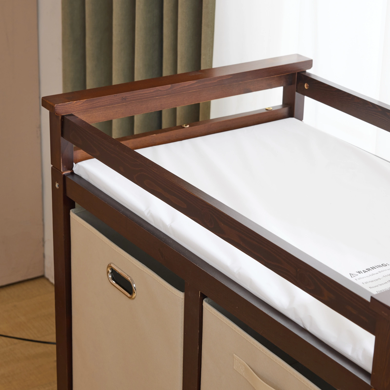 Brown painted pine wood frame children's bed with removable top, 87*53*87.5cm, includes 3 fabric drawers and 1 fabric bag, and a changing table view 24