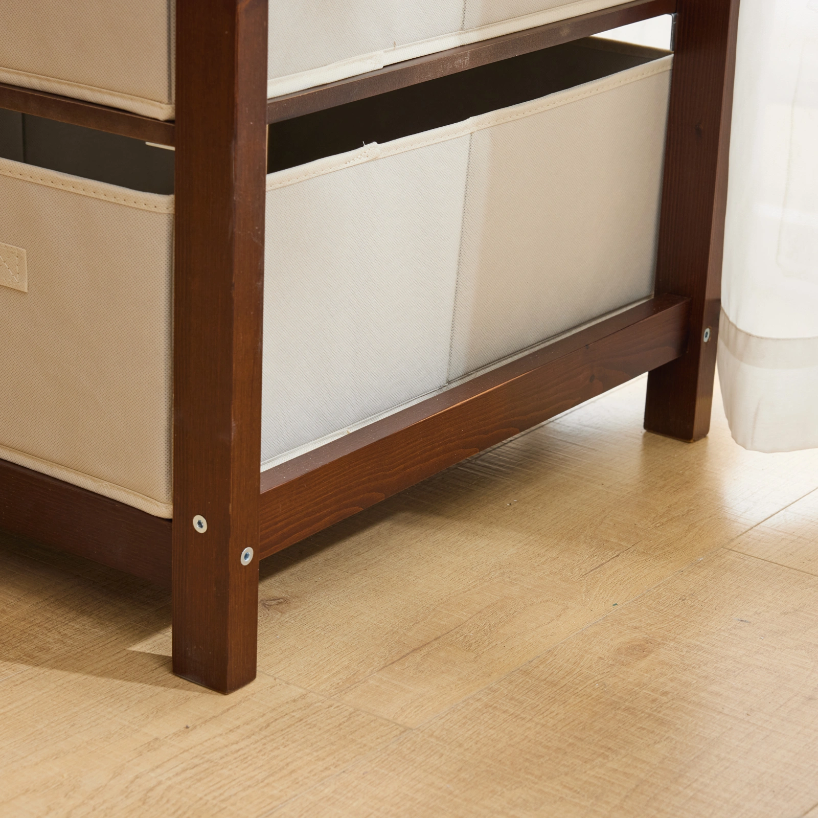 Brown painted pine wood frame children's bed with removable top, 87*53*87.5cm, includes 3 fabric drawers and 1 fabric bag, and a changing table view 25