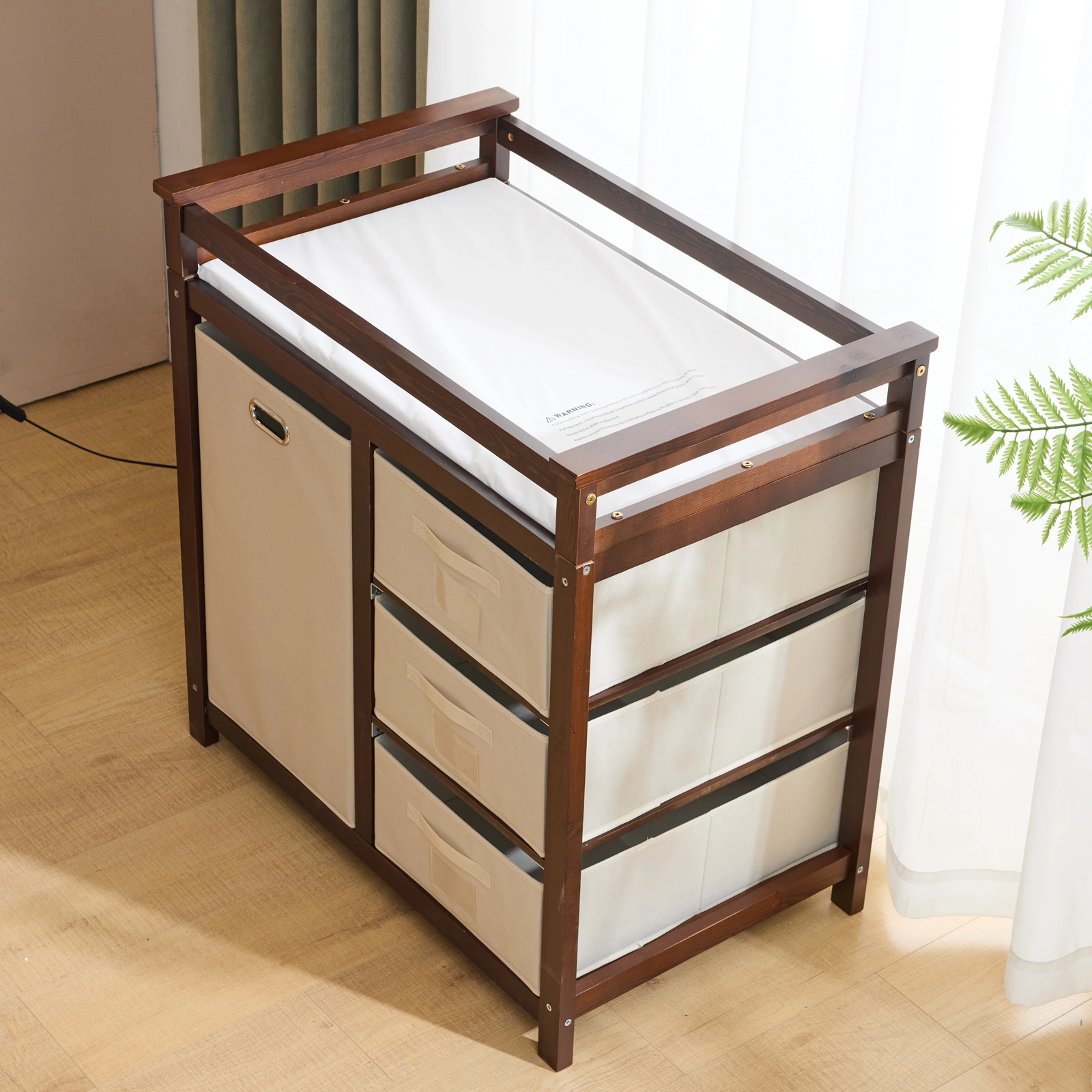 Brown painted pine wood frame children's bed with removable top, 87*53*87.5cm, includes 3 fabric drawers and 1 fabric bag, and a changing table view 26