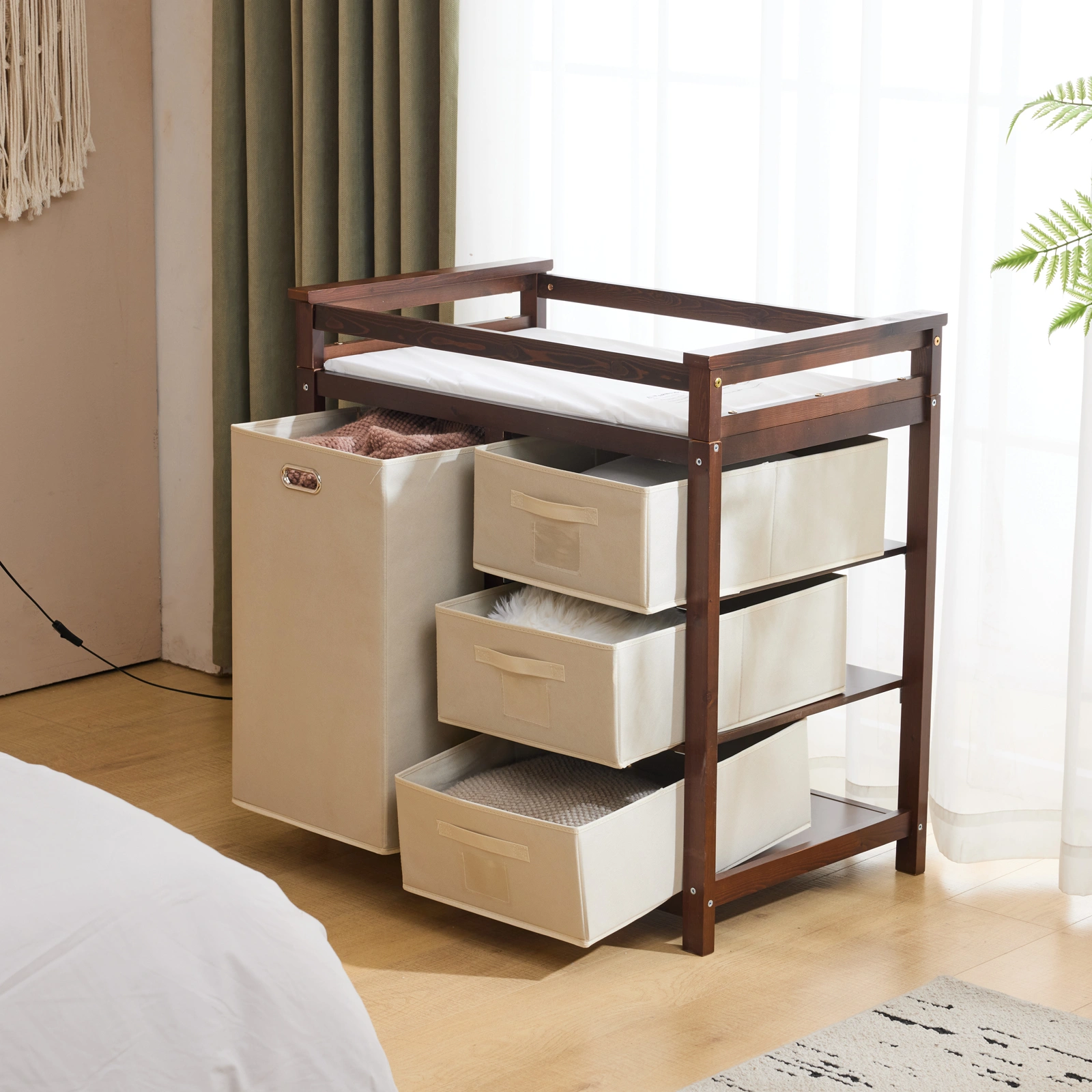 Brown painted pine wood frame children's bed with removable top, 87*53*87.5cm, includes 3 fabric drawers and 1 fabric bag, and a changing table view 27