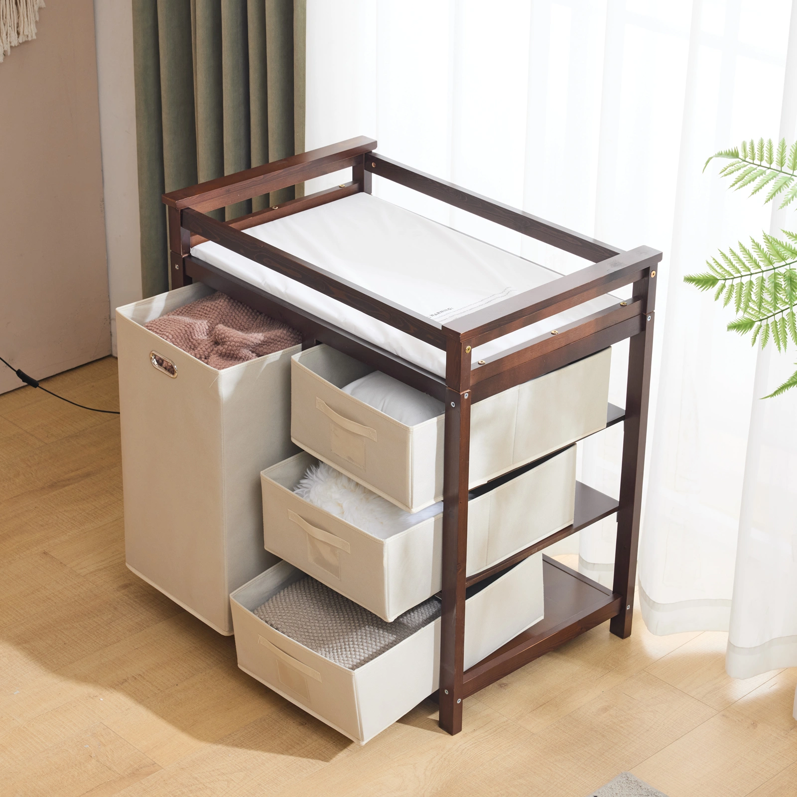 Brown painted pine wood frame children's bed with removable top, 87*53*87.5cm, includes 3 fabric drawers and 1 fabric bag, and a changing table view 28