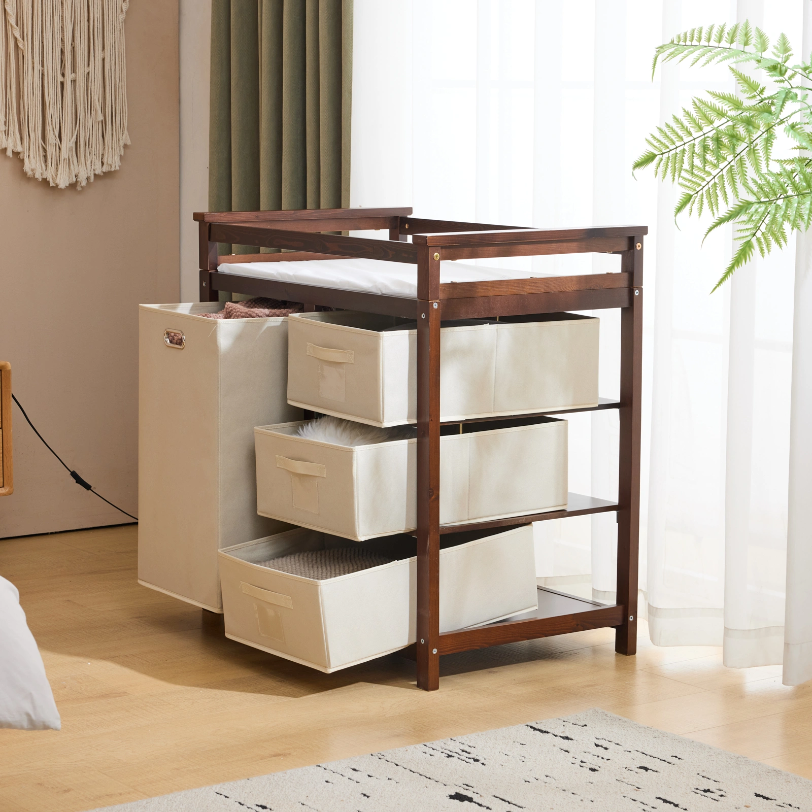Brown painted pine wood frame children's bed with removable top, 87*53*87.5cm, includes 3 fabric drawers and 1 fabric bag, and a changing table view 29