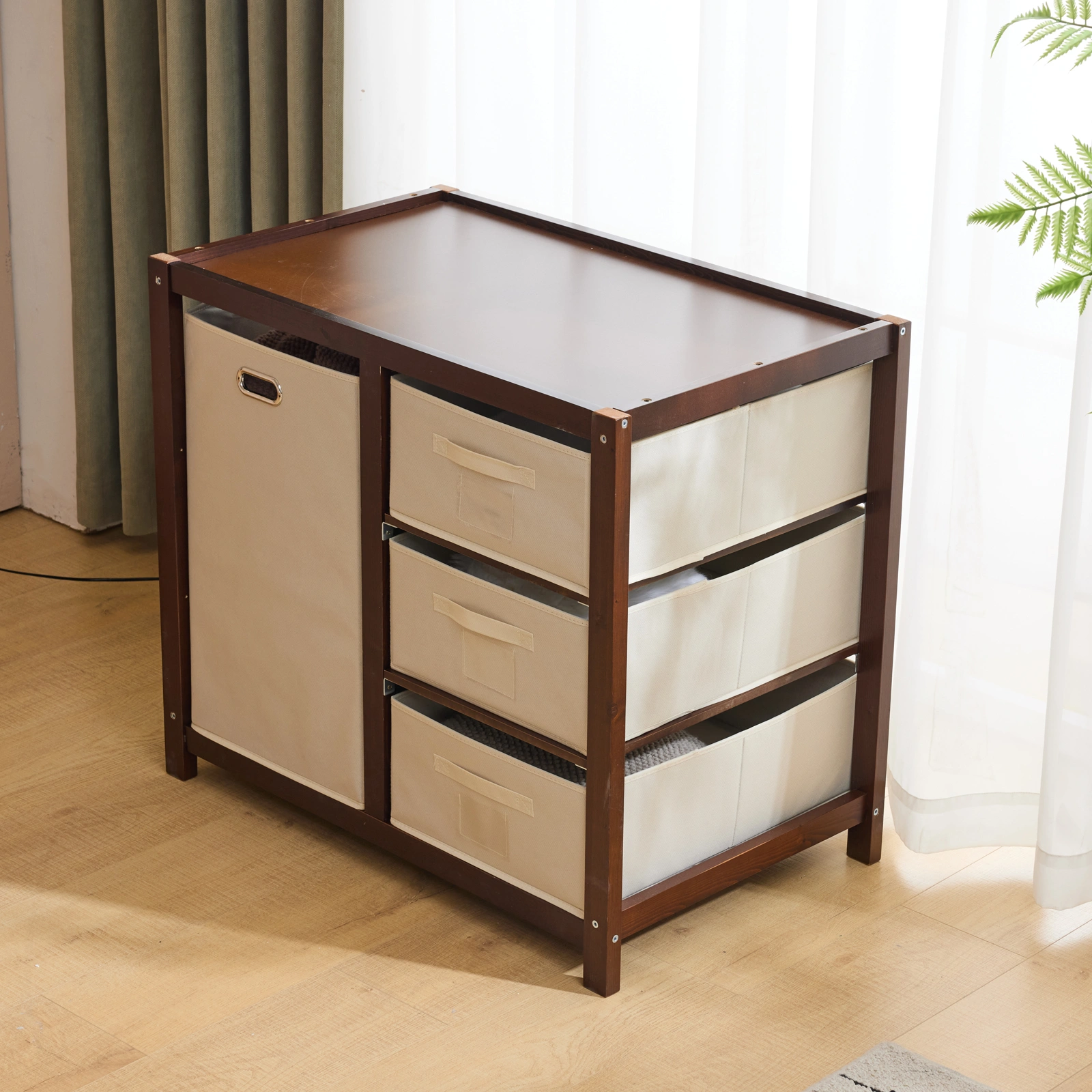 Brown painted pine wood frame children's bed with removable top, 87*53*87.5cm, includes 3 fabric drawers and 1 fabric bag, and a changing table view 30