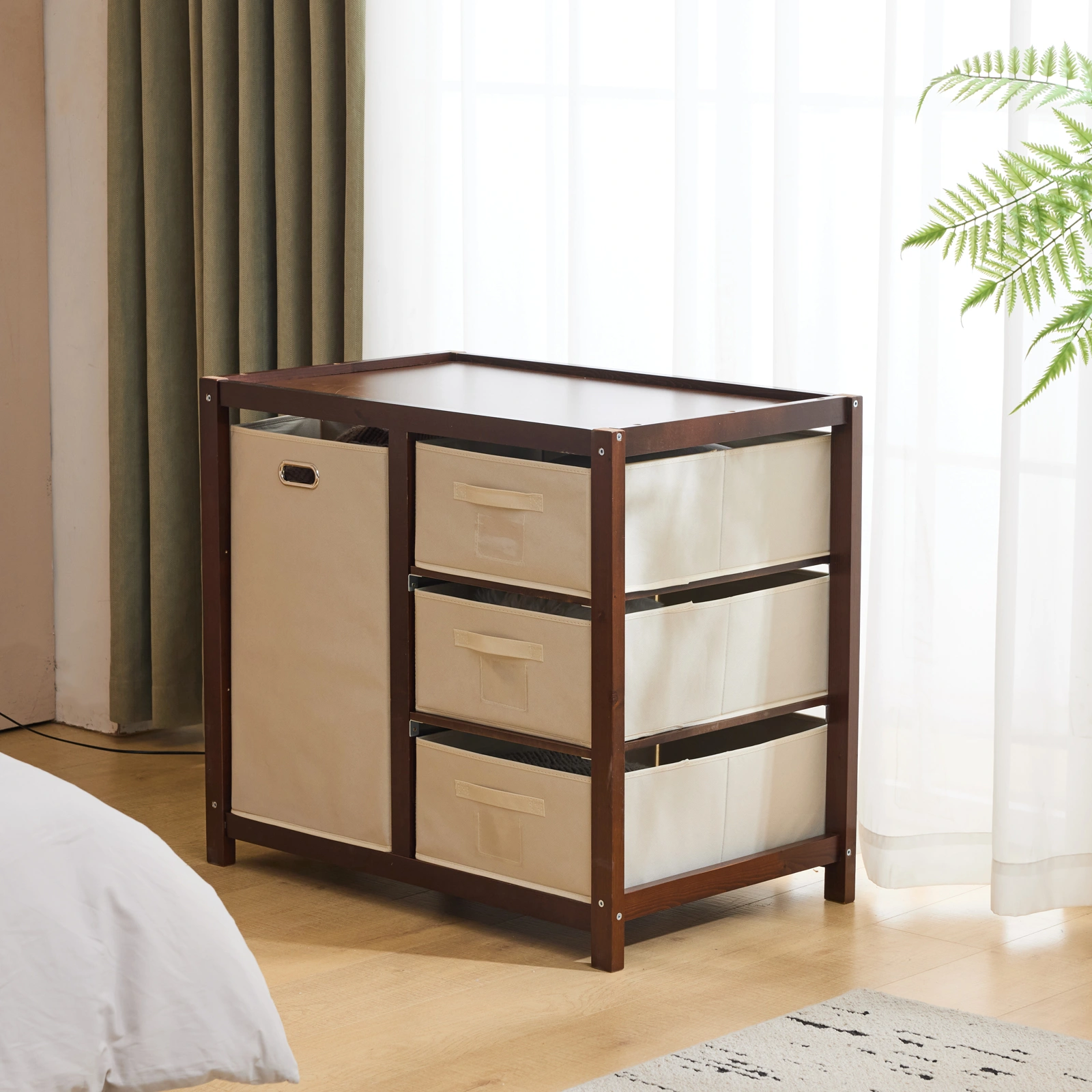 Brown painted pine wood frame children's bed with removable top, 87*53*87.5cm, includes 3 fabric drawers and 1 fabric bag, and a changing table view 31