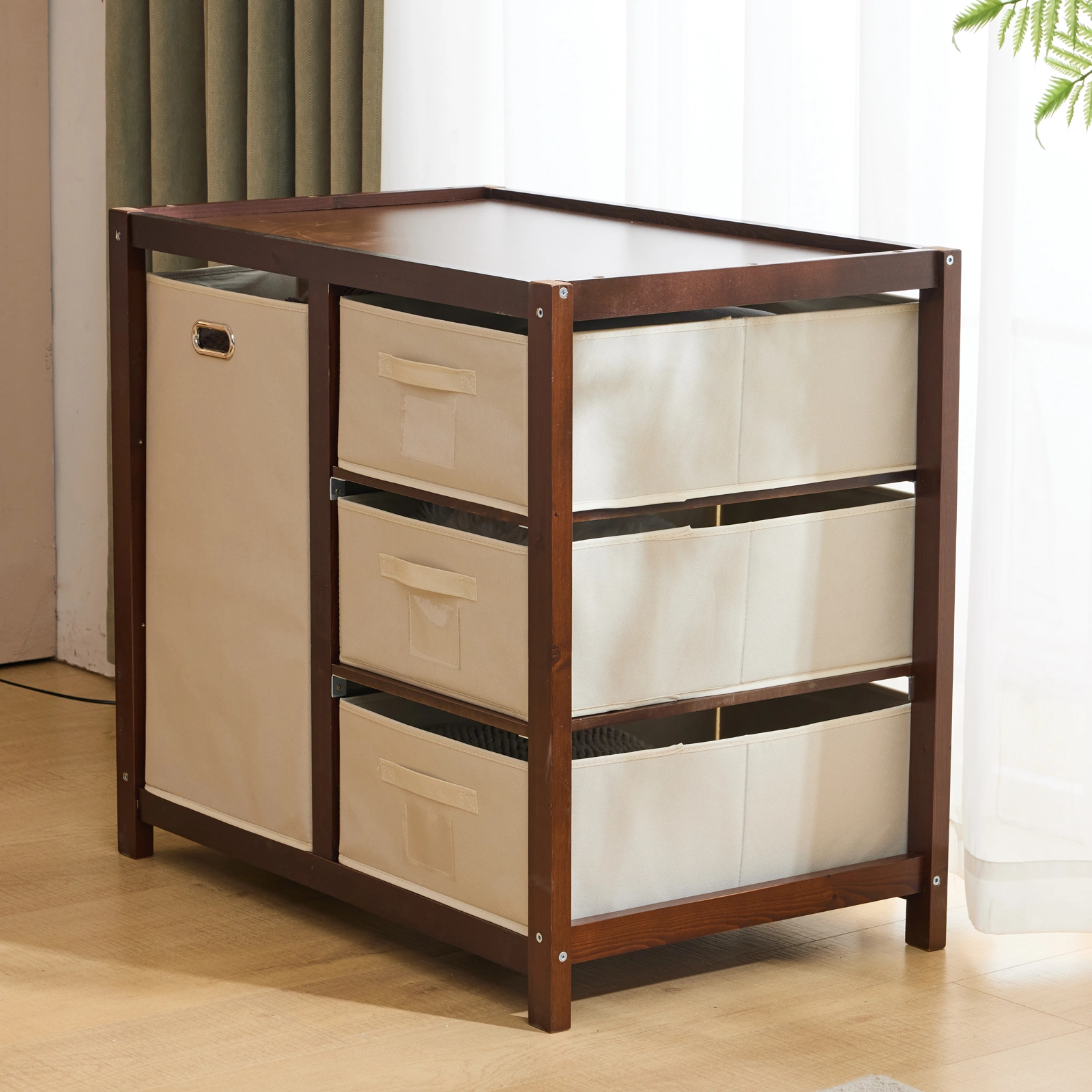 Brown painted pine wood frame children's bed with removable top, 87*53*87.5cm, includes 3 fabric drawers and 1 fabric bag, and a changing table view 32