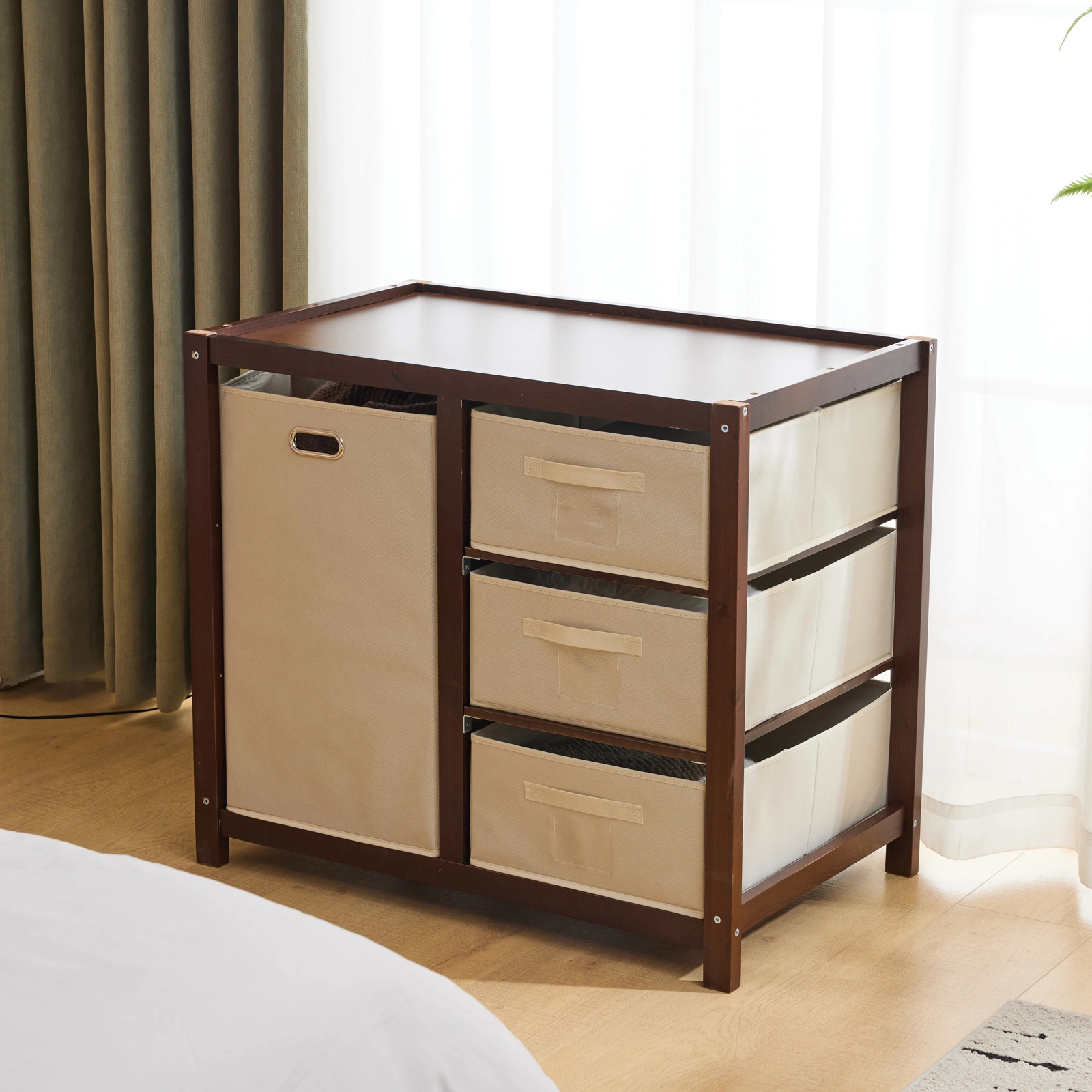 Brown painted pine wood frame children's bed with removable top, 87*53*87.5cm, includes 3 fabric drawers and 1 fabric bag, and a changing table view 33